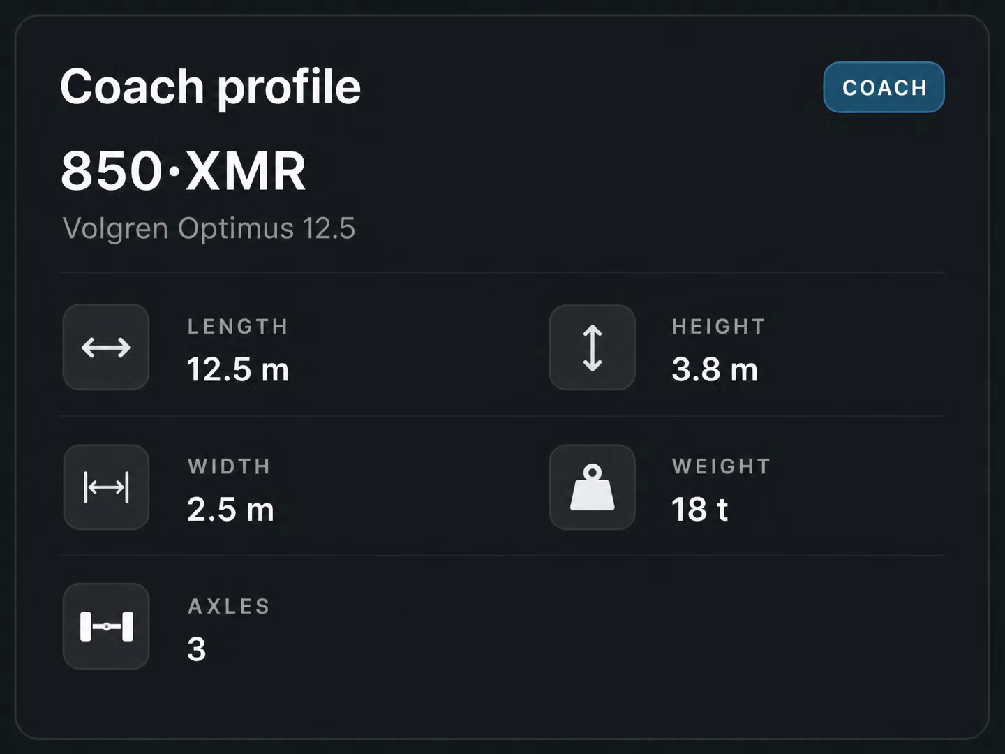 Vehicle profile card: length, weight, width, axles and height. 4:3.