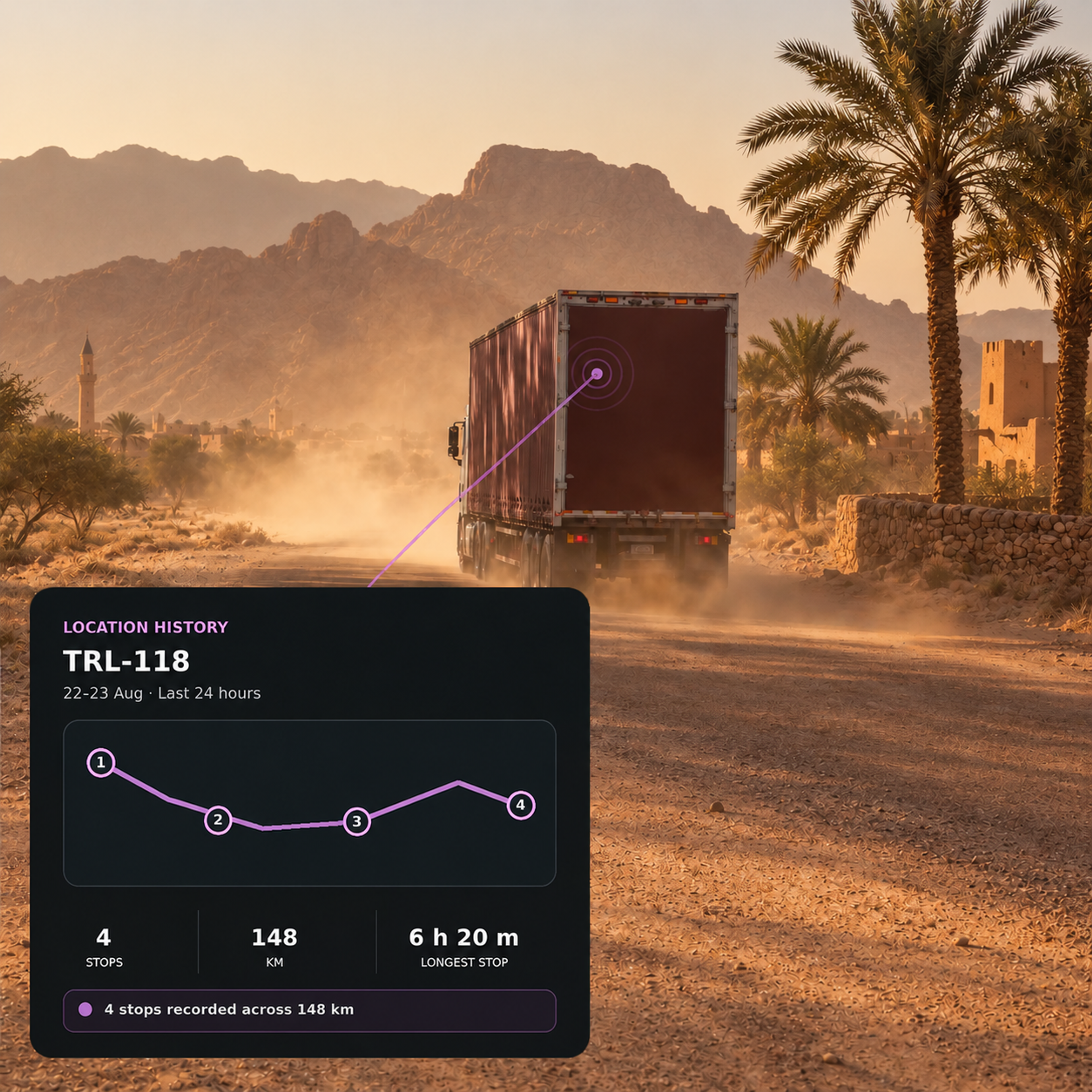 Location history playback with the traced route and stop markers. 4:3, dark UI.