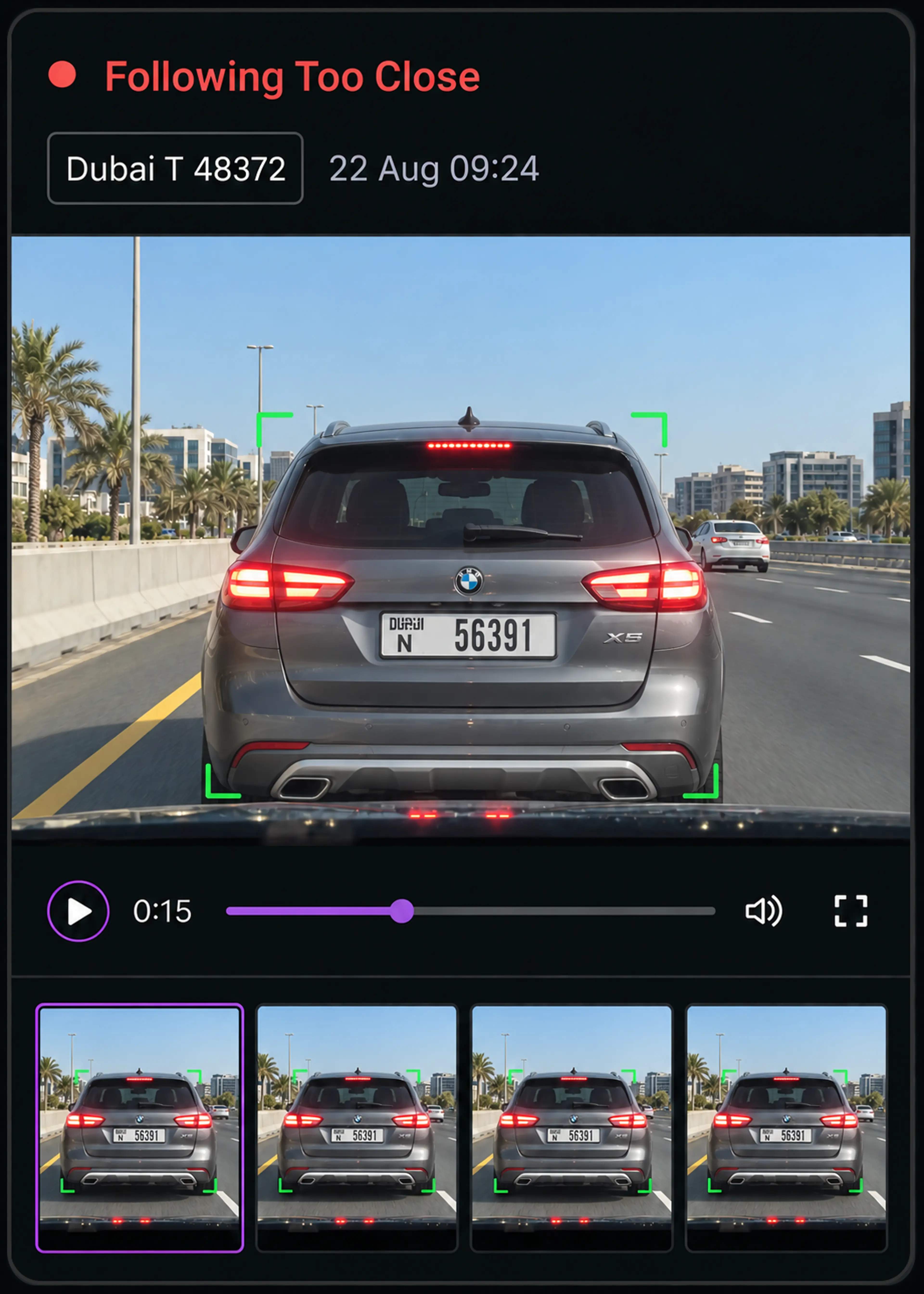 Vision360 camera event: a following-too-close alert with the video still and a strip of frames.