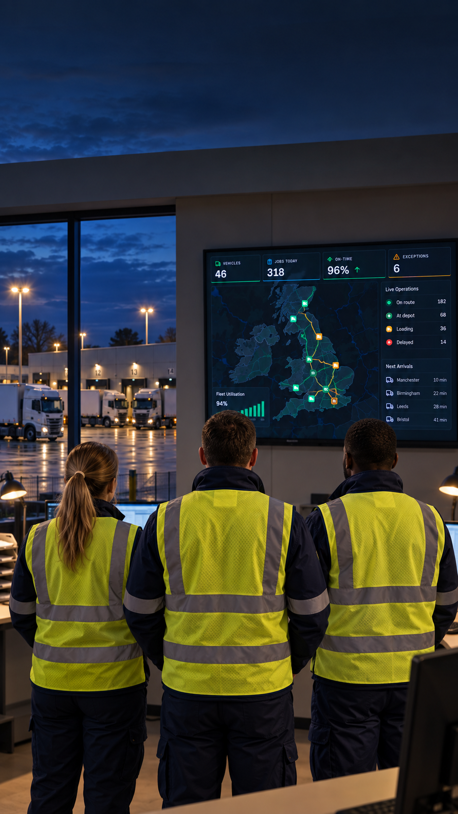 Photograph: an operations team around a screen in a depot office. Dark and cool, room at the top, no text in the artwork.
