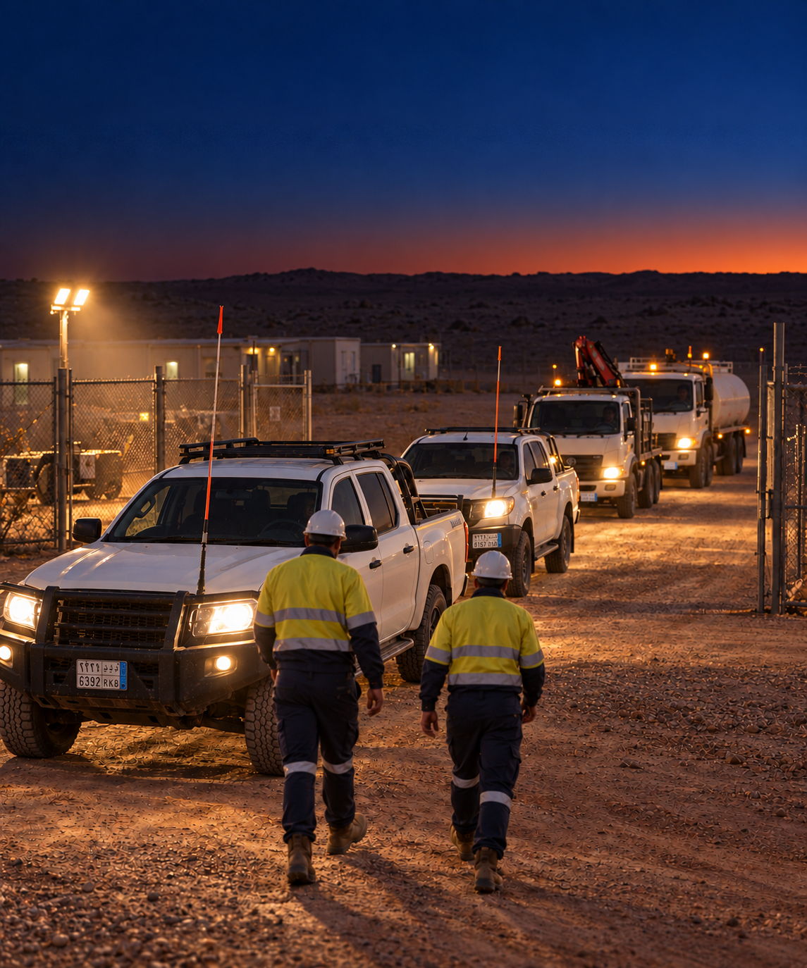 Photograph: vehicles staged in a yard at dawn before a run. Dark and cool, room at the top, no badges or text in the artwork.