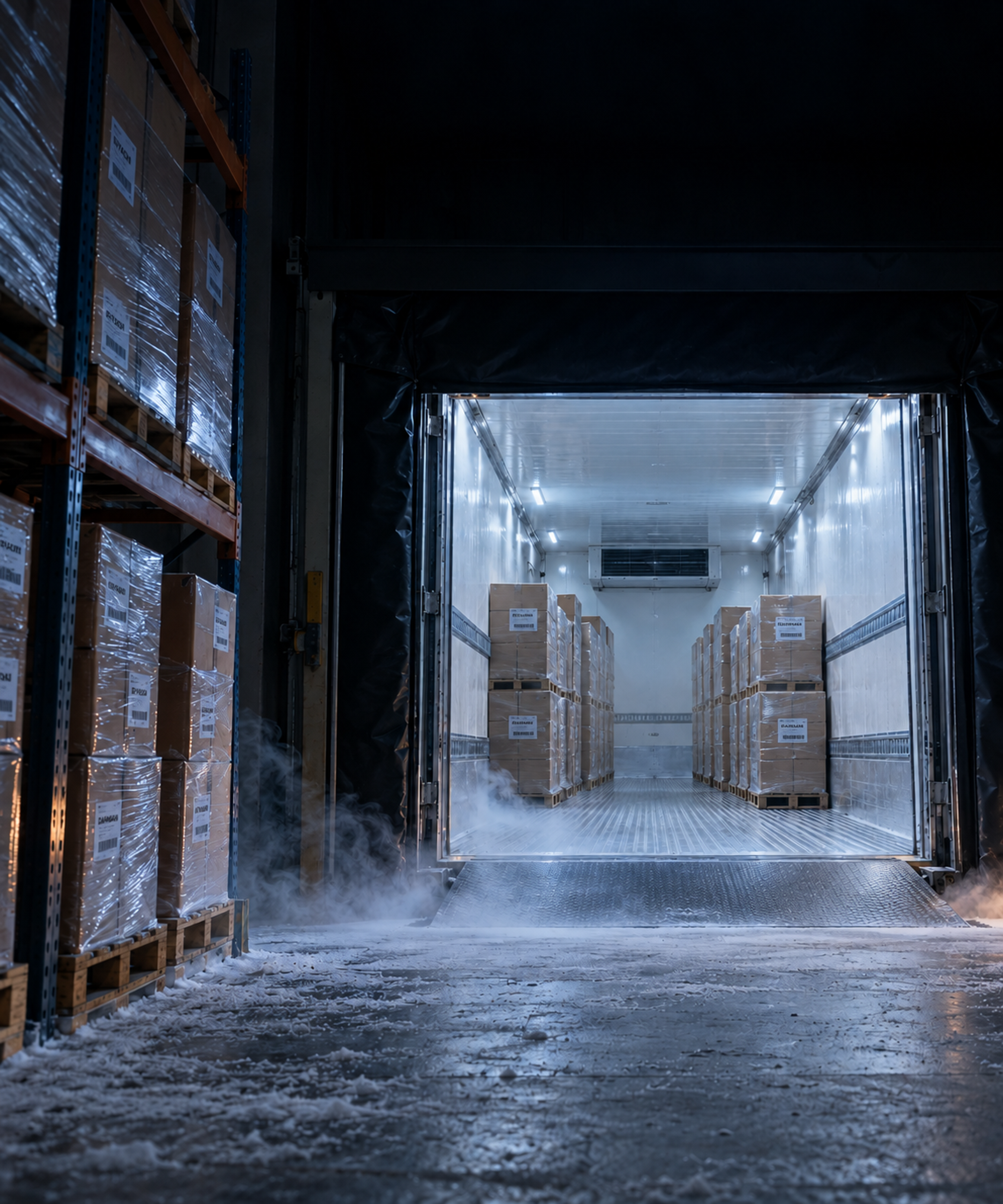 Photograph: a cold store interior with a vehicle at the bay. Dark and cool, room at the top, no text in the artwork.