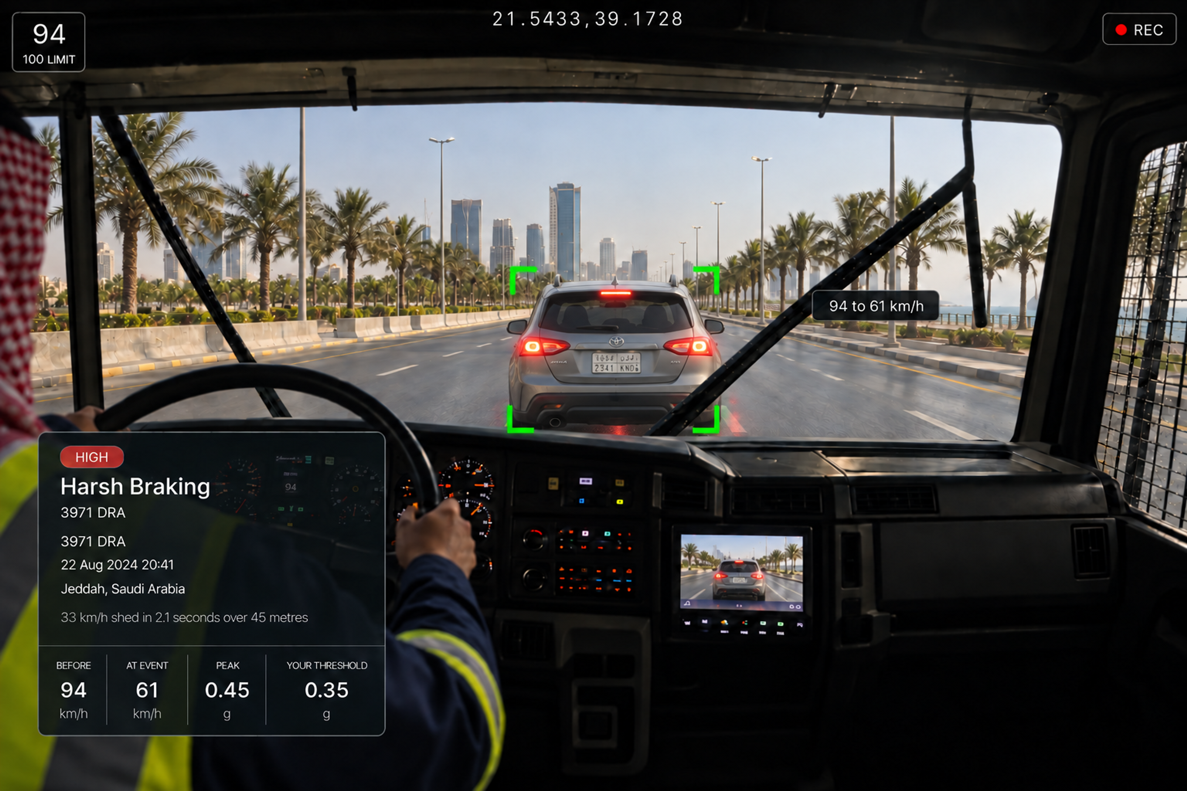 Vision360 harsh braking event review: the harsh braking header with its event ID, road-facing video in the wet with the event marker on the timeline, thirty seconds either side, the synchronised camera view strip across front, driver, left, right, rear and cabin, and the event summary with speed before, speed at event and delta. 4:3, dark UI, 2000x1500.