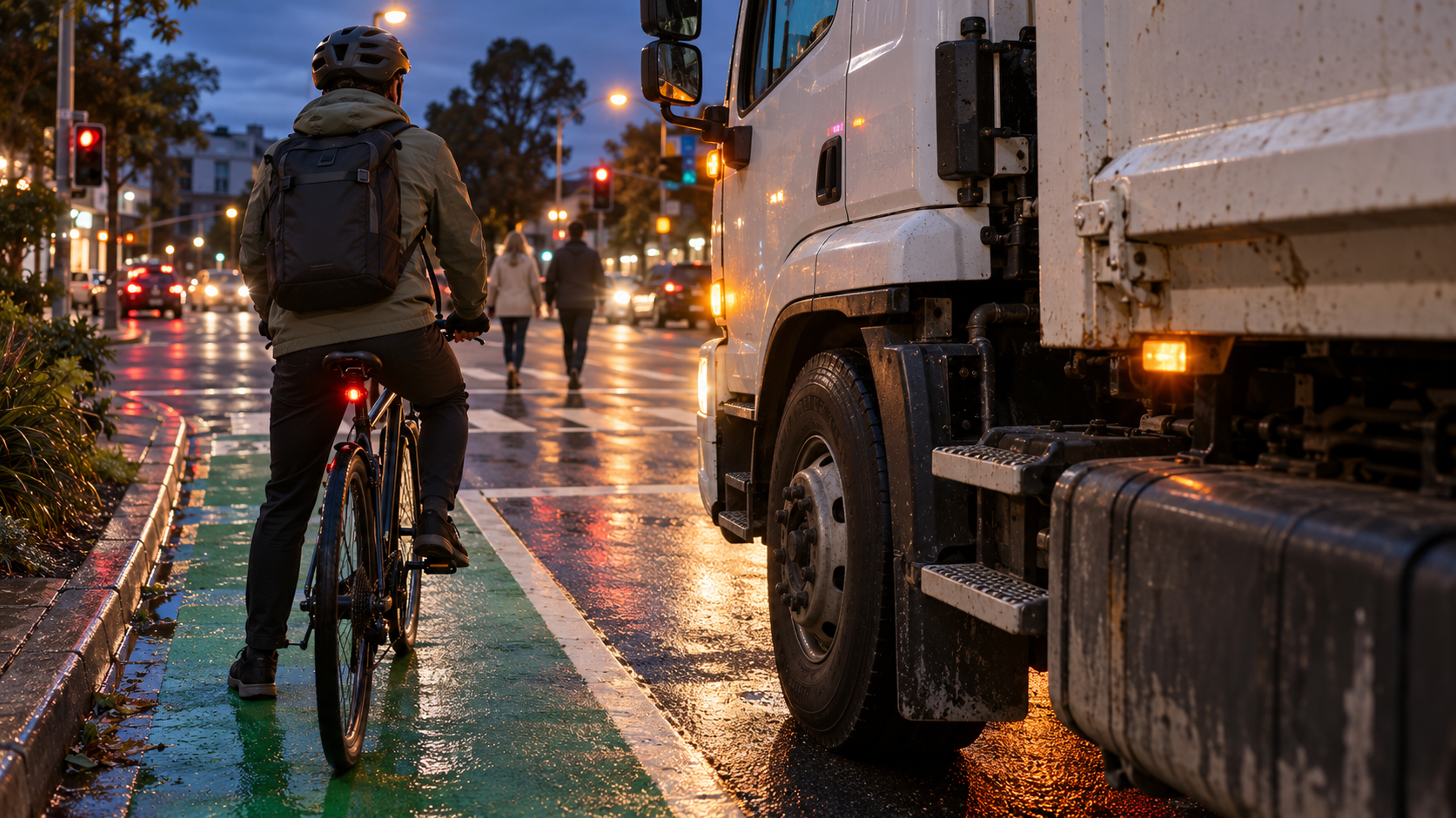 Editorial image: a working vehicle on a busy street at dusk. No text in the artwork.