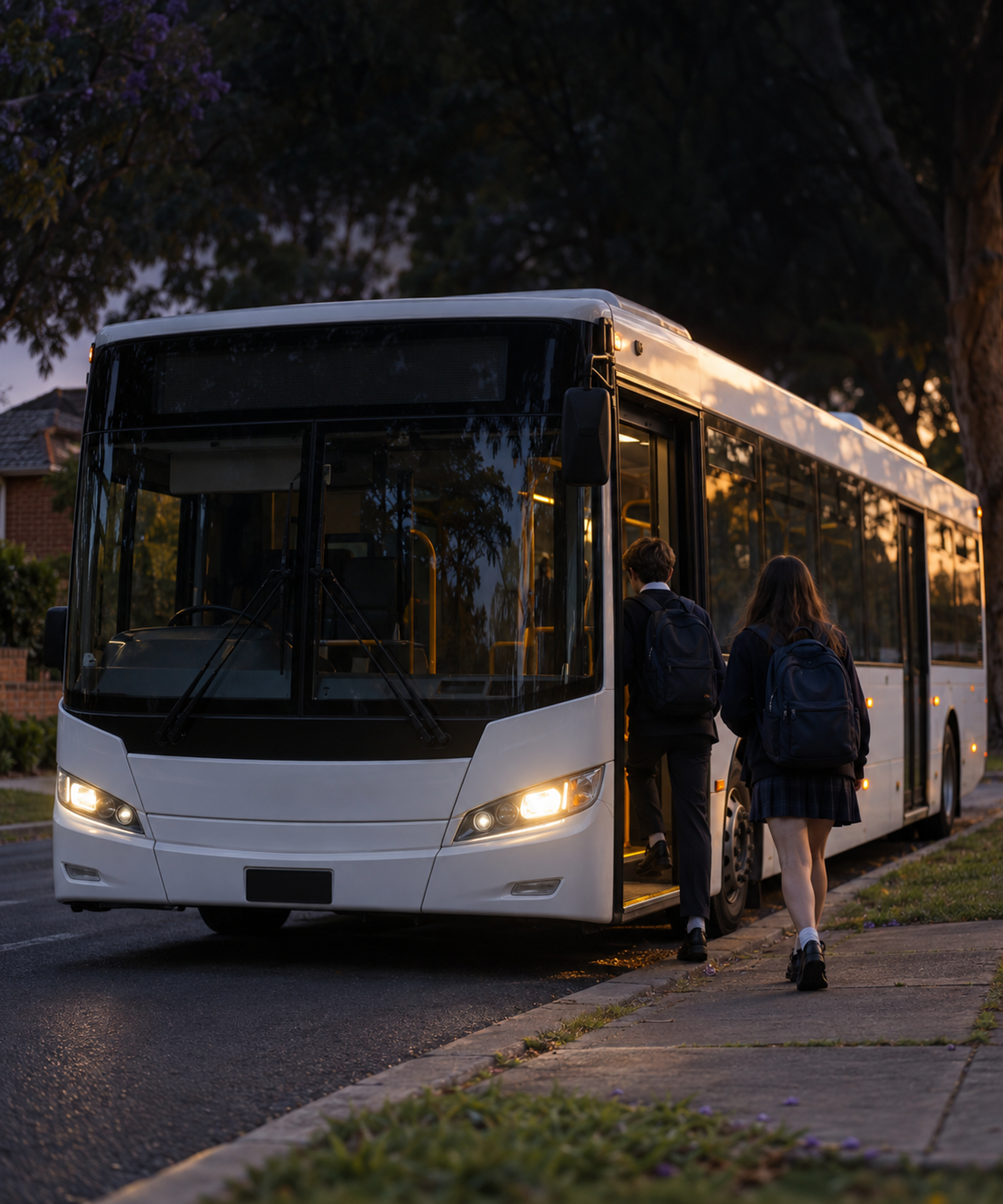 Photograph: a school bus on a suburban street in early light. Dark and cool, room at the top, no text in the artwork.