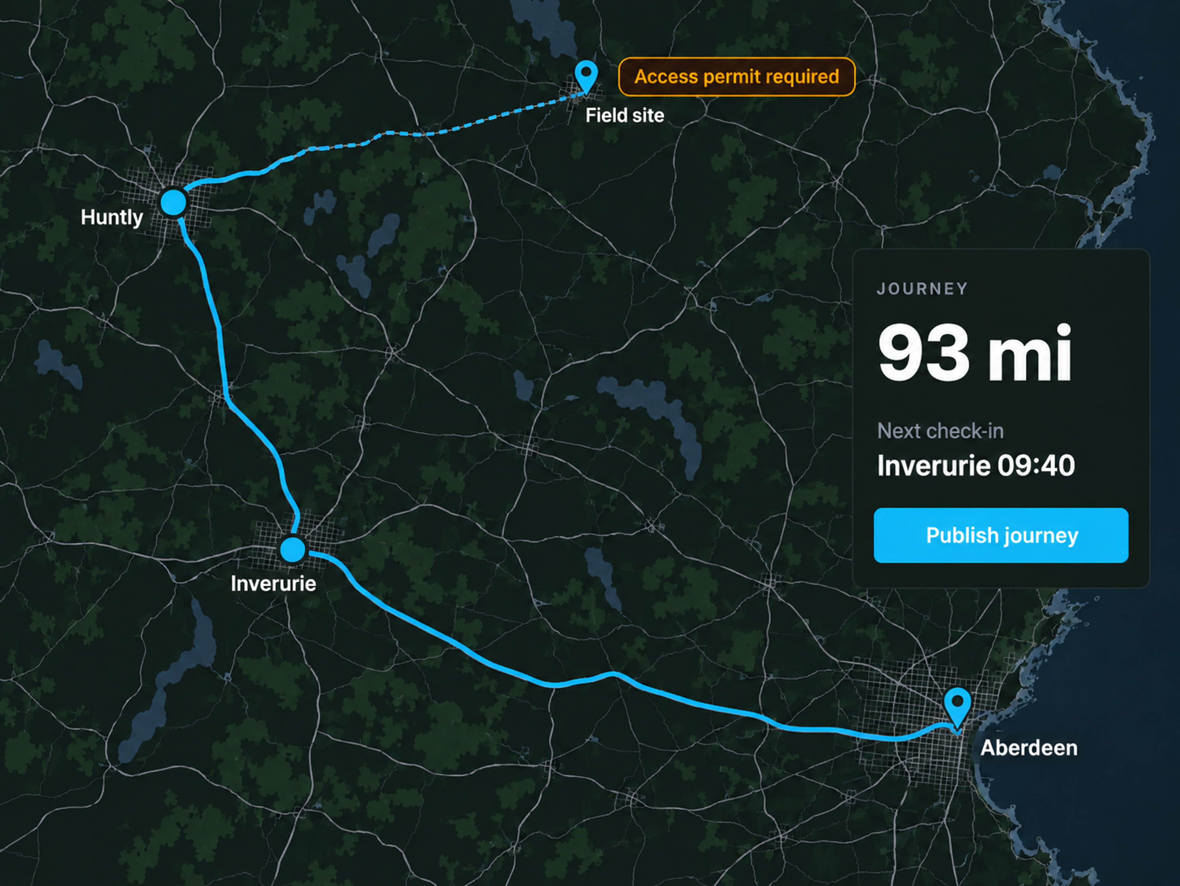 Route360 planning view: a long remote route with stops, check-in points and an access-restricted site marked. Dark UI, no text small enough to read.