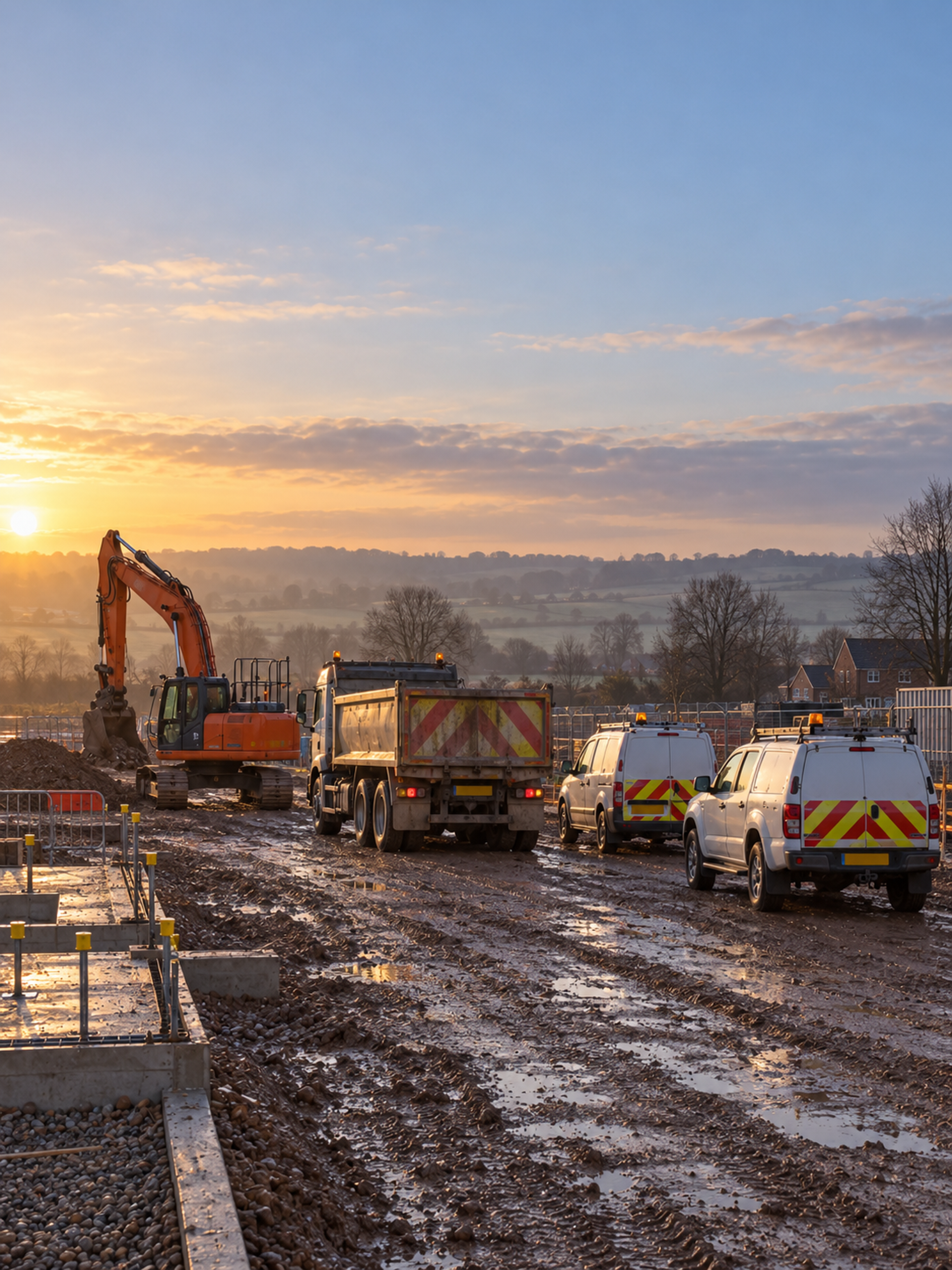 Photograph: a site fleet on a working construction site at first light. Dark and cool, room at the top, no text in the artwork.