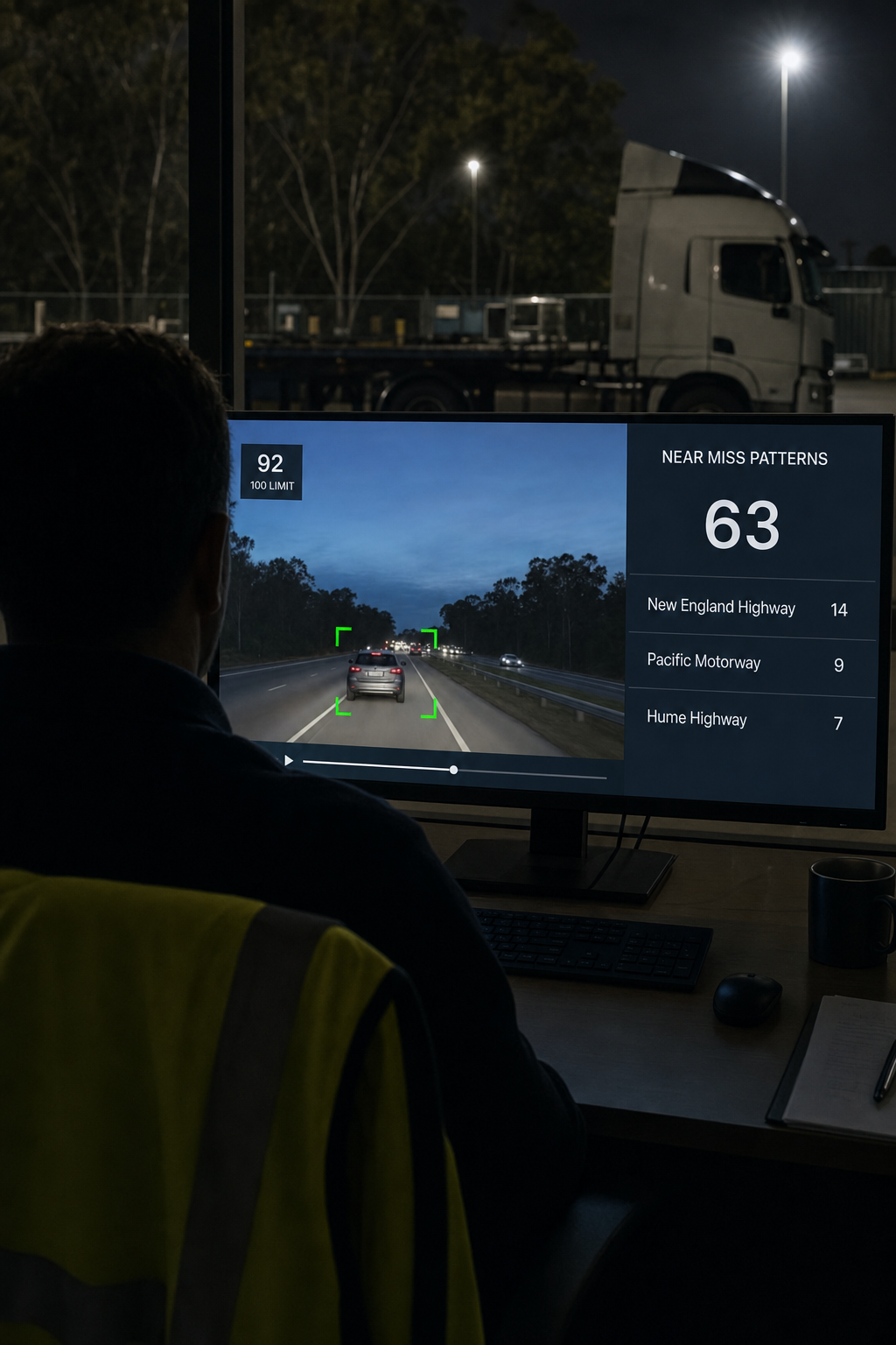 Photograph: a safety manager reviewing road-facing footage at a desk, screen content not legible. Portrait 3:4, dark and cool, room at the top for a heading, no text in the artwork.