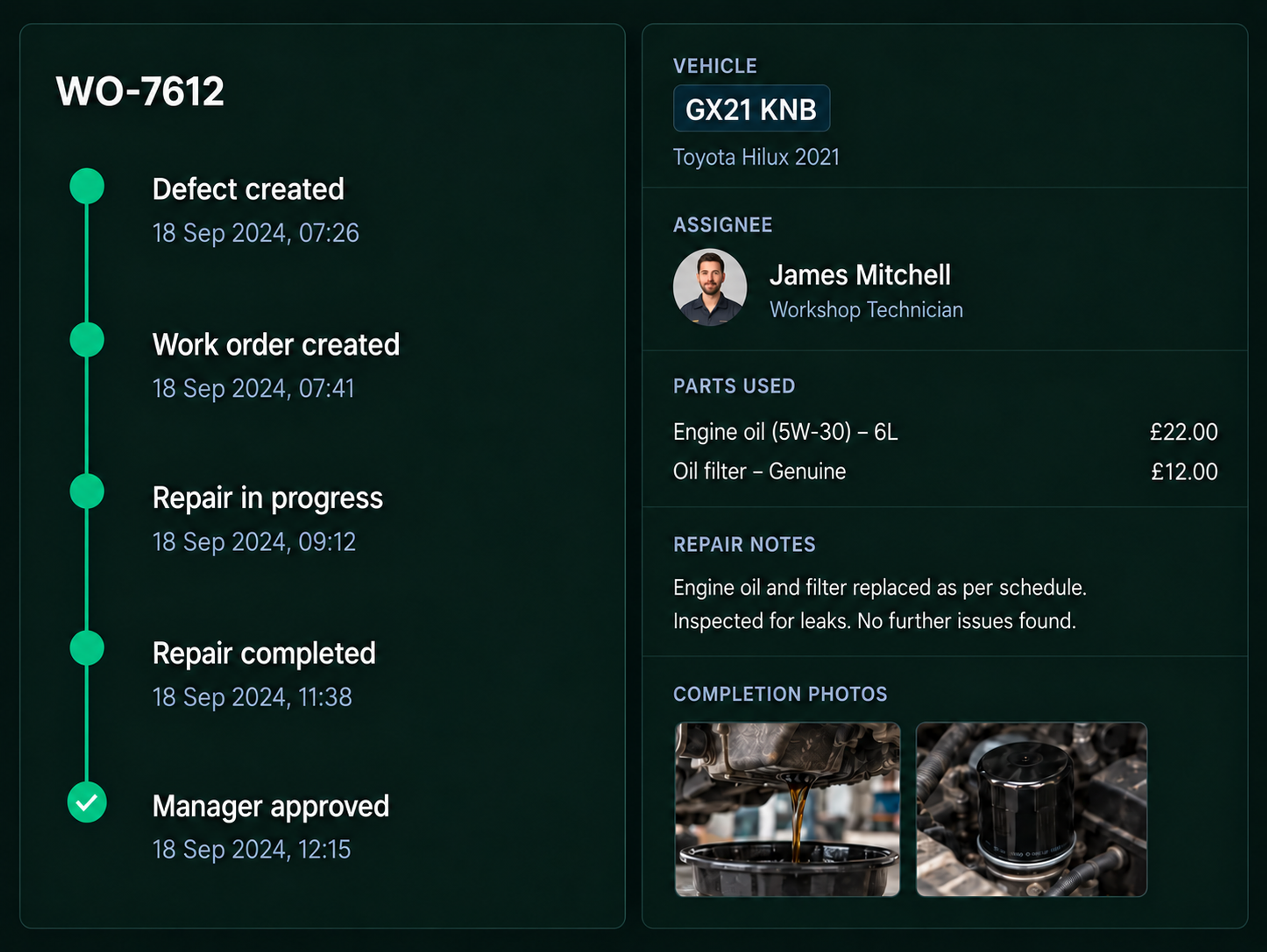 Drive360 repair timeline for work order WO-3487: defect created, work order created, repair in progress, repair completed and manager approved, beside a work order panel listing vehicle, assignee, parts used, repair notes and completion photos