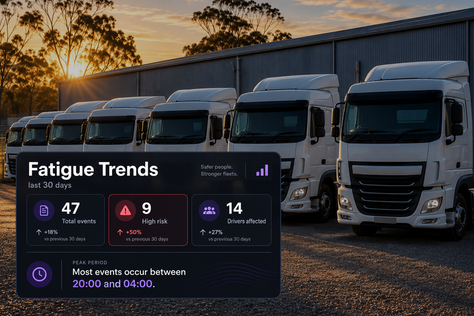 Fatigue trend panel: event counters, the events-over-time chart, the time-of-day breakdown and the repeated-events driver list. 4:3, dark UI.