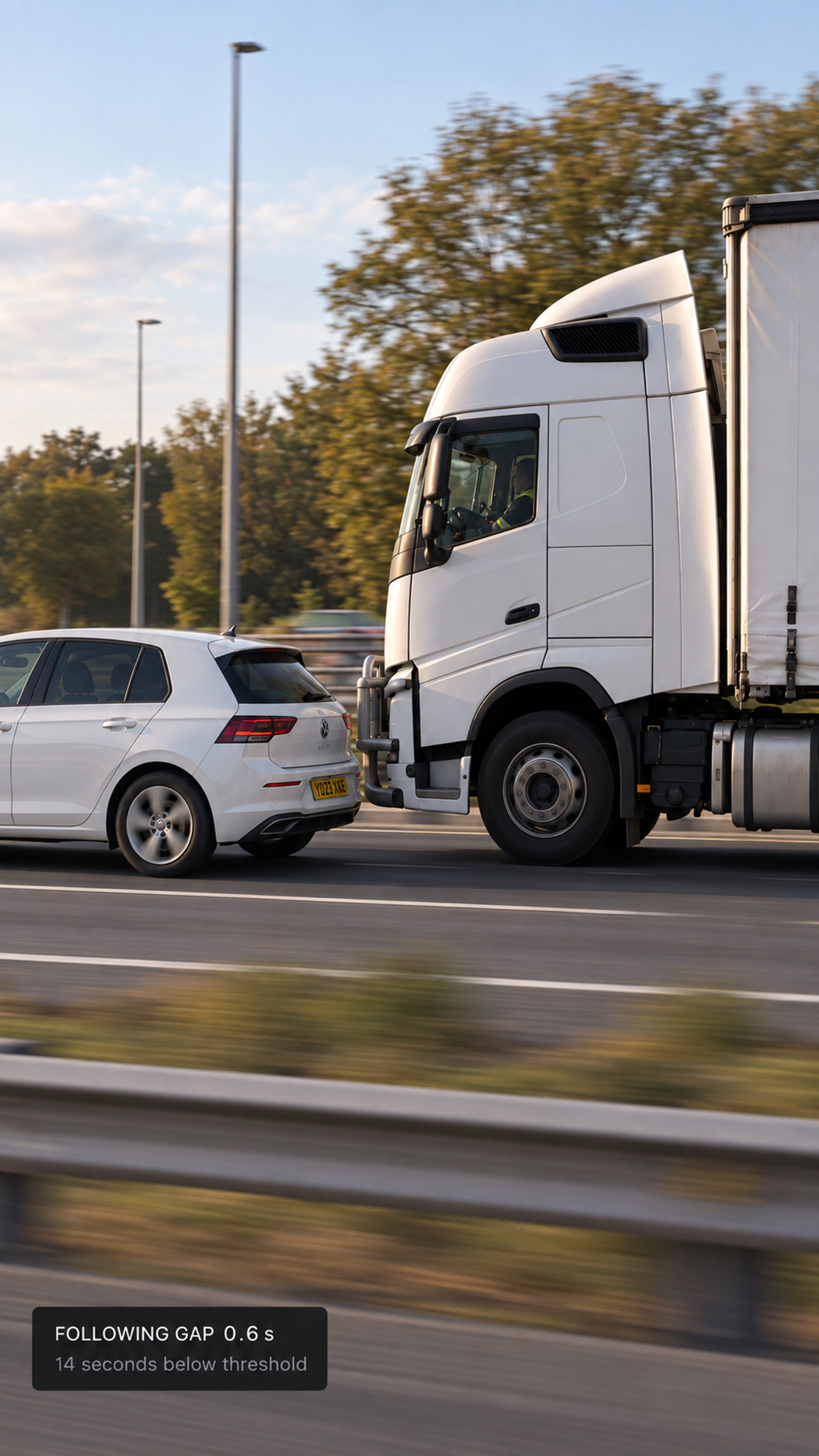 Photograph: motorway traffic from a truck's road-facing viewpoint, a vehicle close ahead. Portrait 3:4, dark and cool, room at the top for a heading, no text in the artwork.