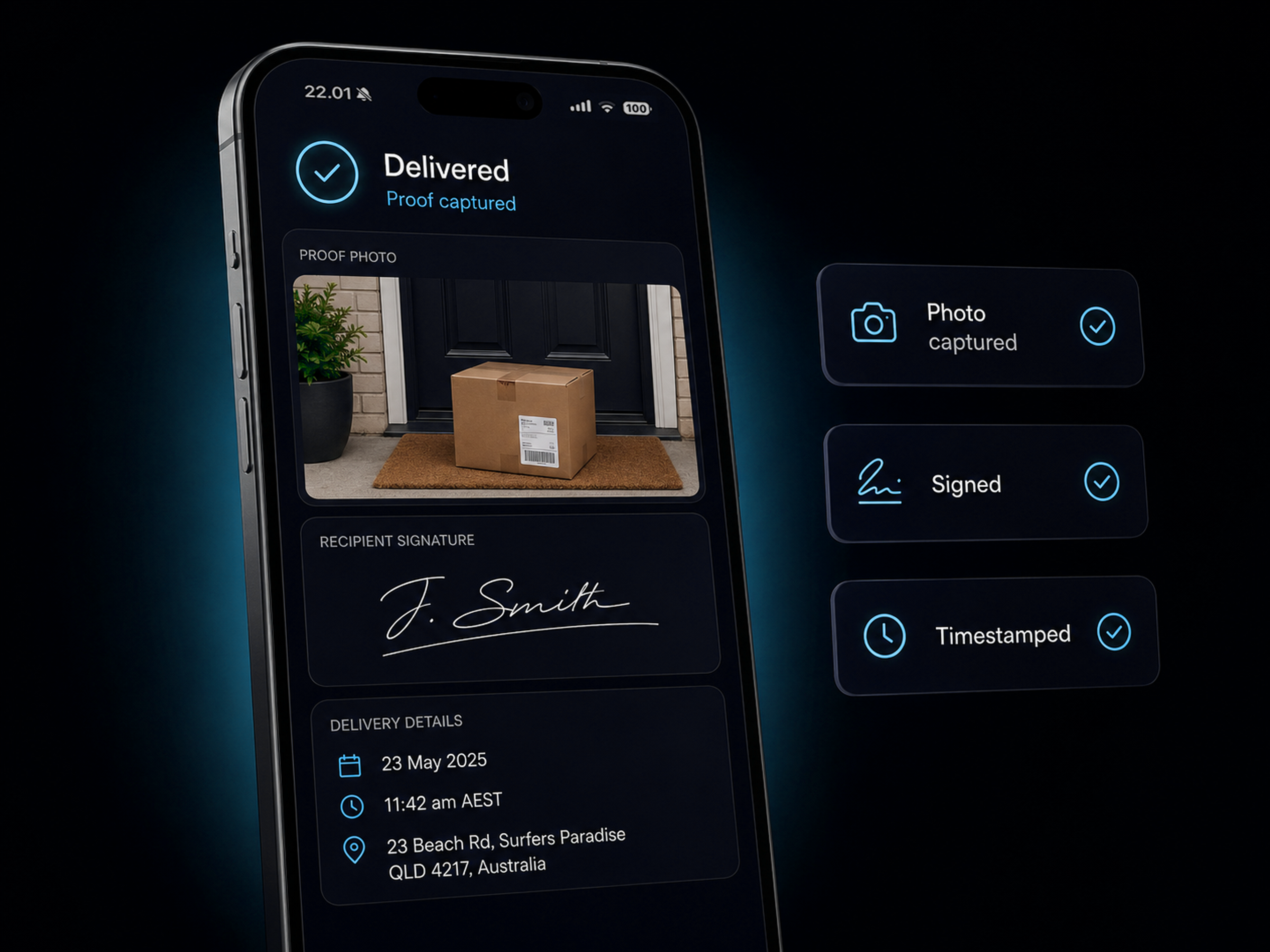 Proof of delivery on a driver's phone: signature, photo and timestamp