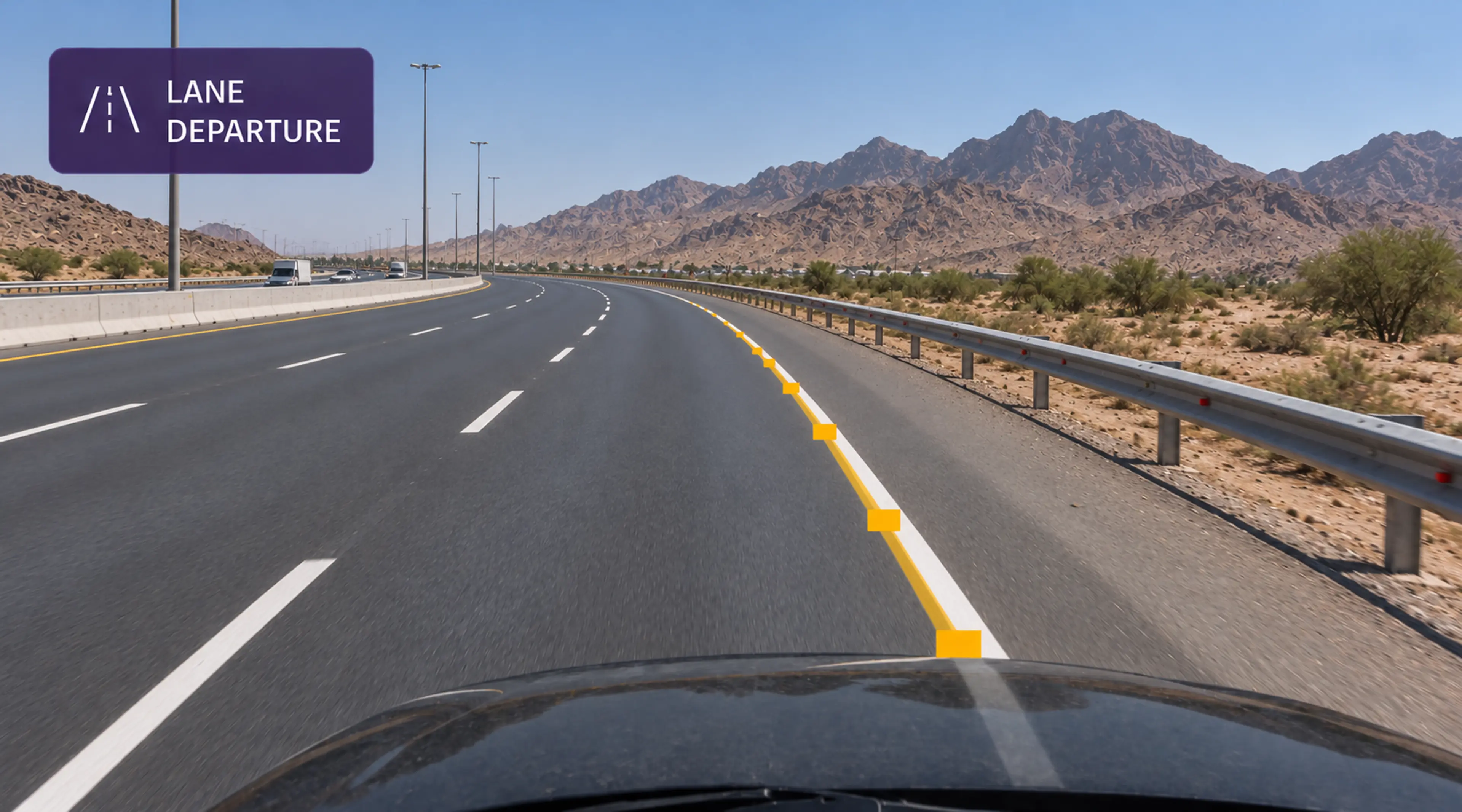 Vision360 lane departure: road-facing frame with the lane lines tracked and the drift marked.