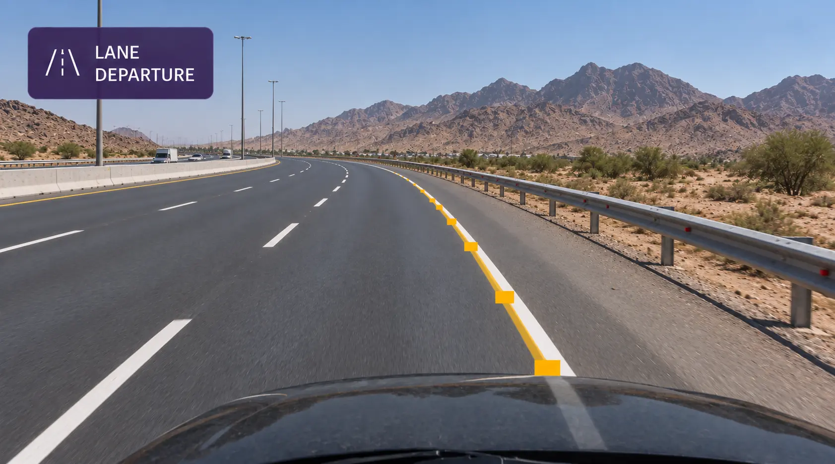 Vision360 lane departure: road-facing frame with the lane lines tracked and the drift marked.
