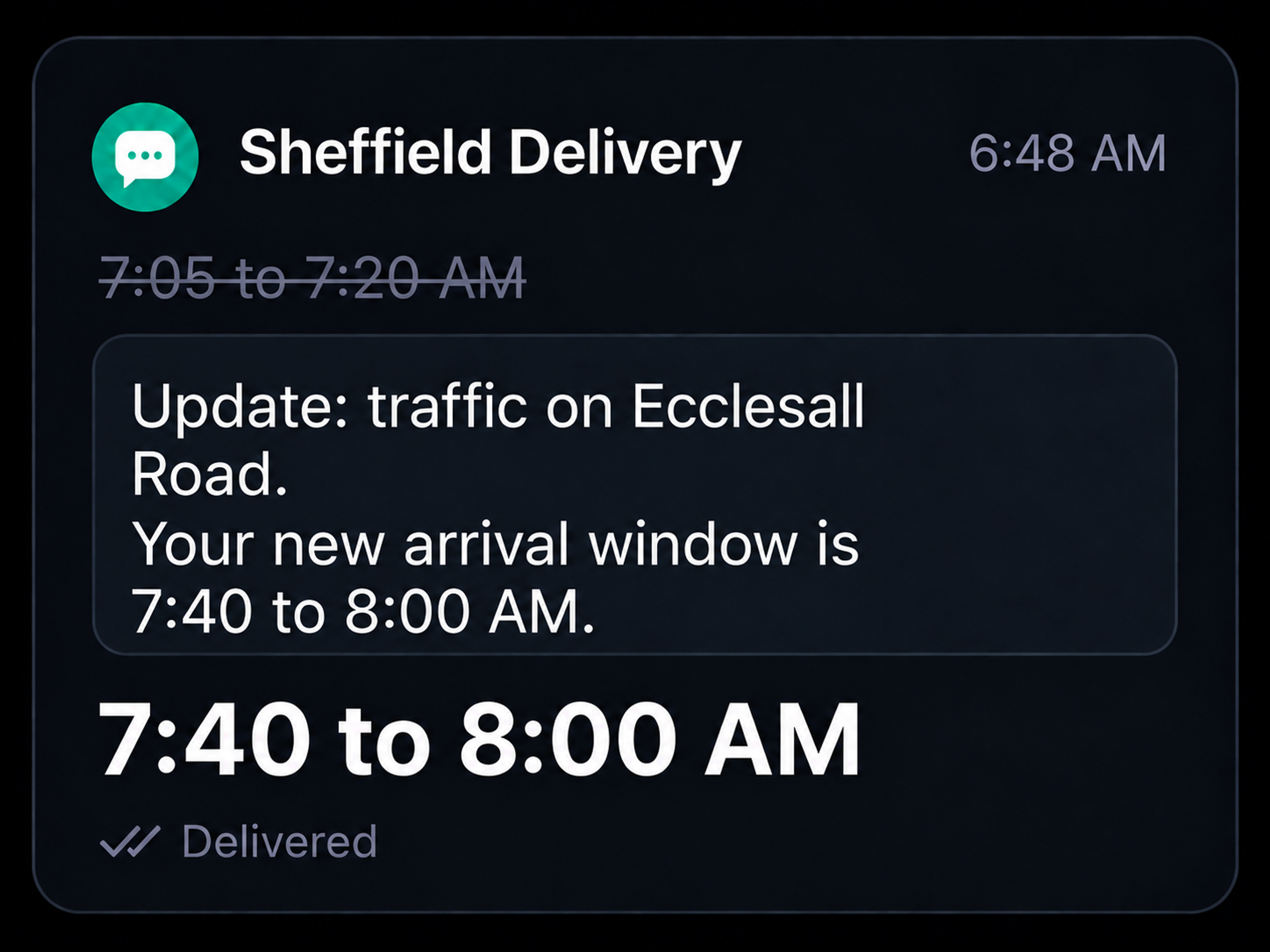 ETA update message with the new window. 4:3.