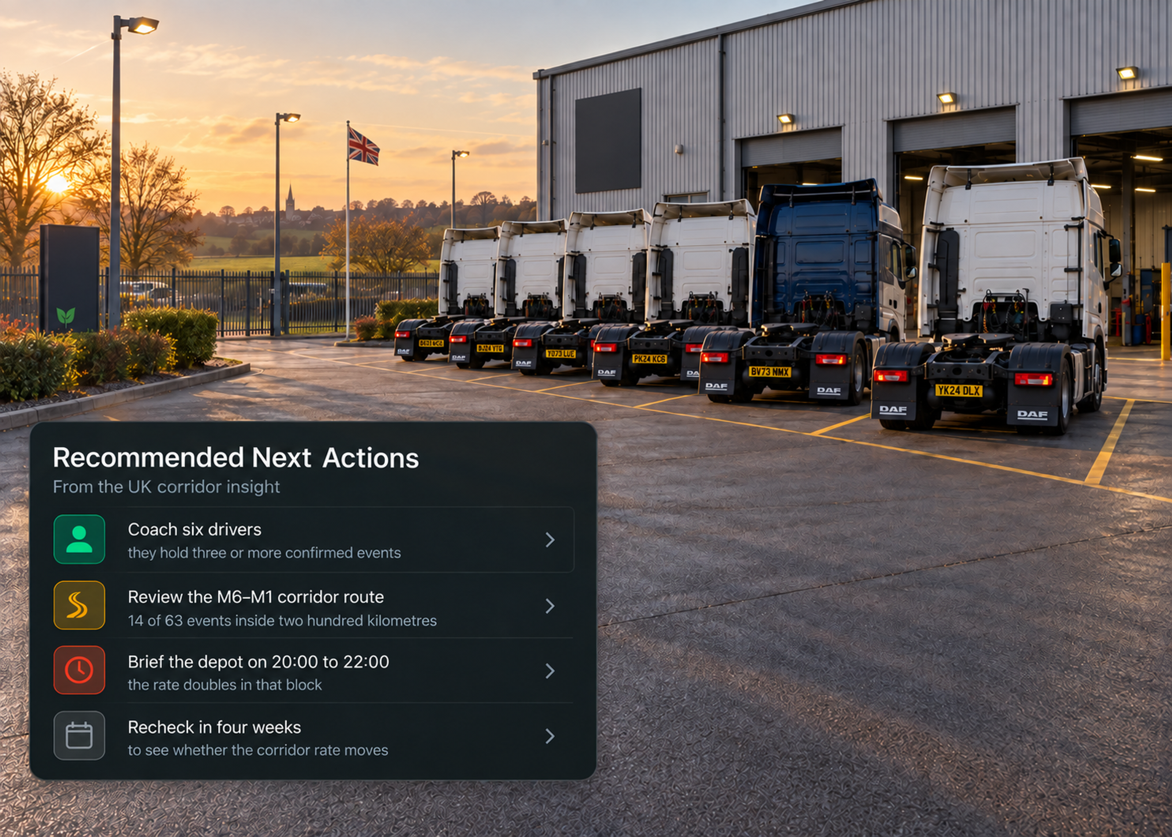 Recommended next actions list with four actions, each with its own explanatory line. 4:3, dark UI.