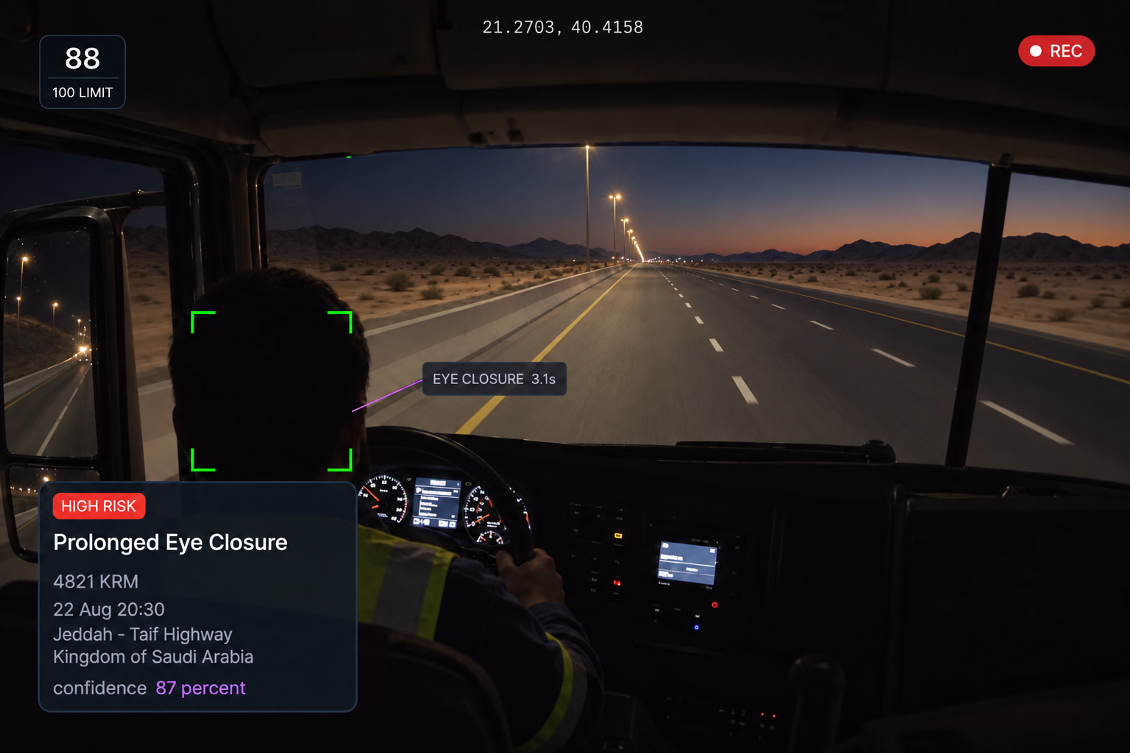 Vision360 fatigue event review: the high-risk fatigue event header, the in-cab video with the driver's face boxed, the detected behaviour and confidence panel, the event details list, and the ten seconds before and after strip along the bottom. 4:3, dark UI, 2000x1500.