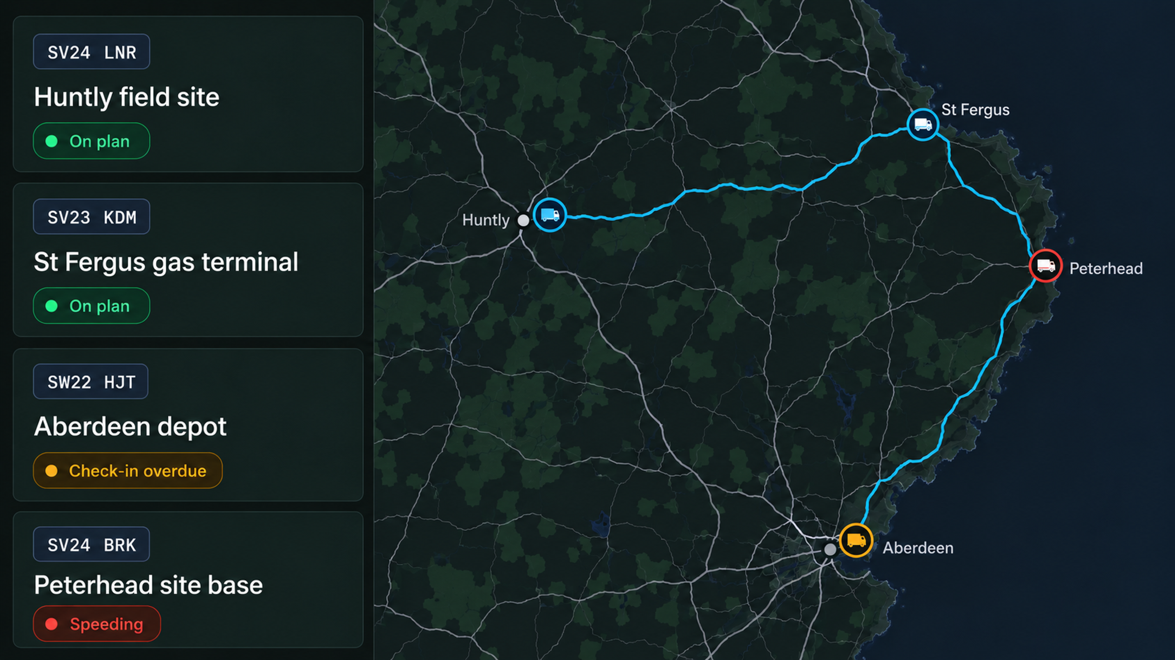 Journey control centre: live journeys listed beside a map of remote routes, with exceptions flagged. Dark UI.