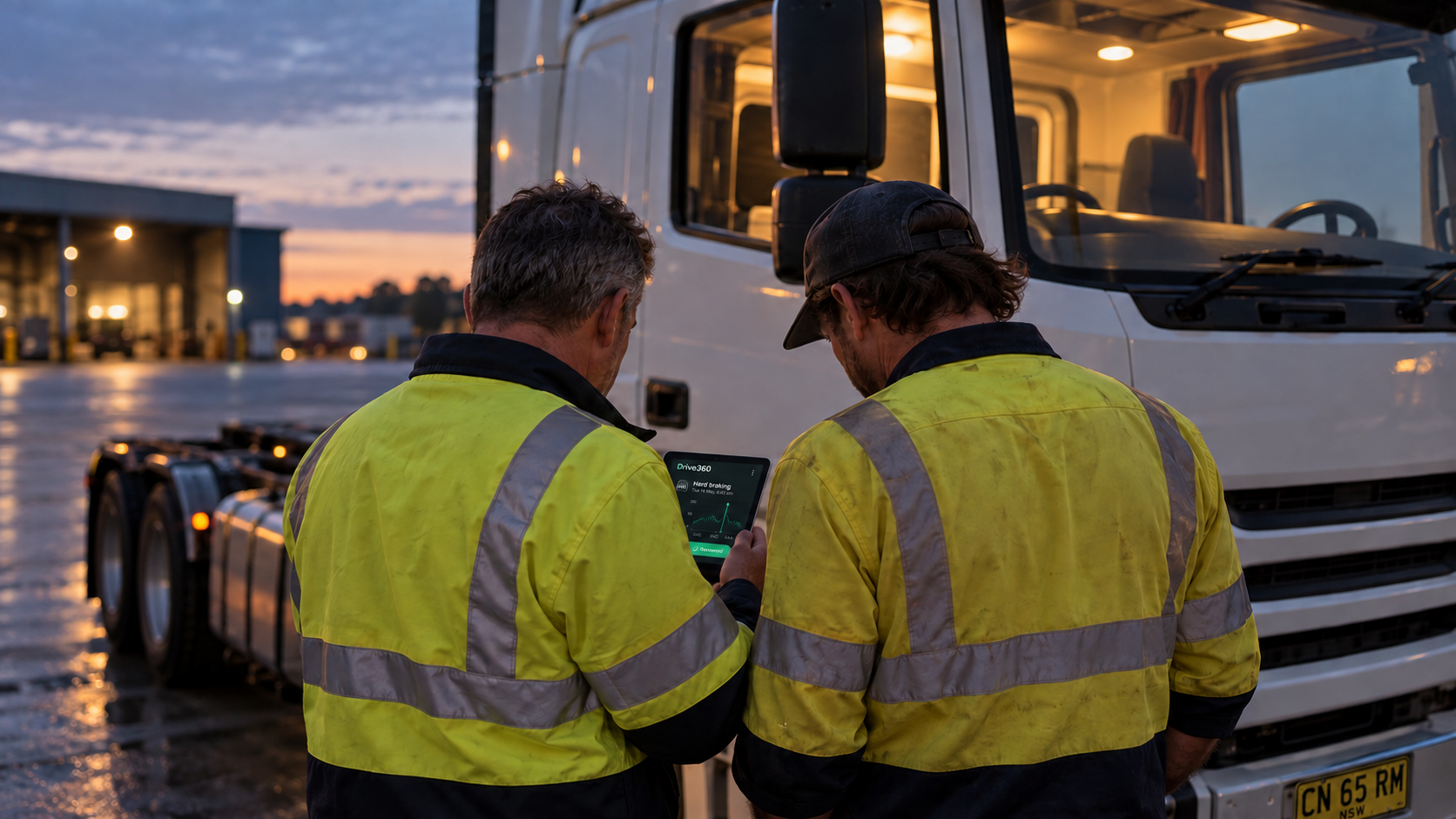 Editorial image: a depot debrief at dawn. No text in the artwork.