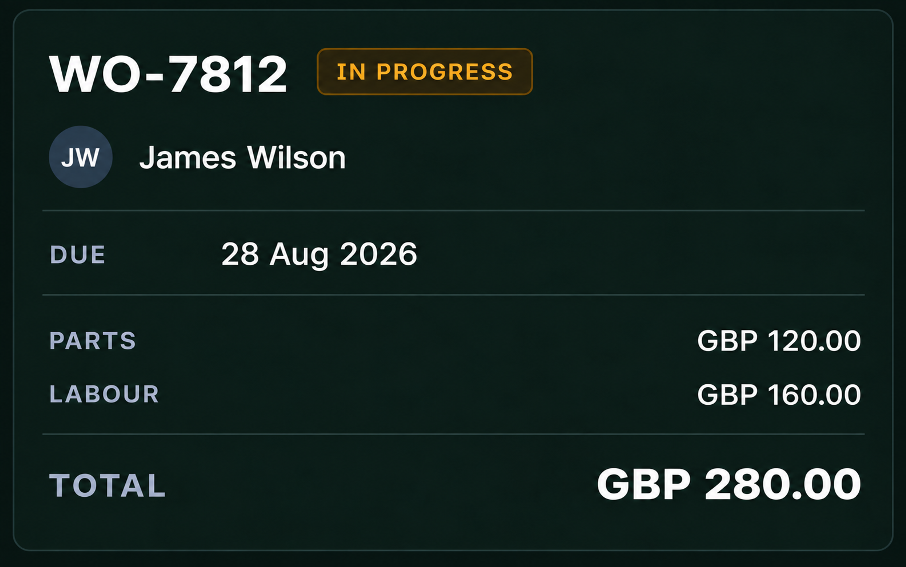 Drive360 work order WO-3487: status in progress, assigned technician and due date, with a repair photo