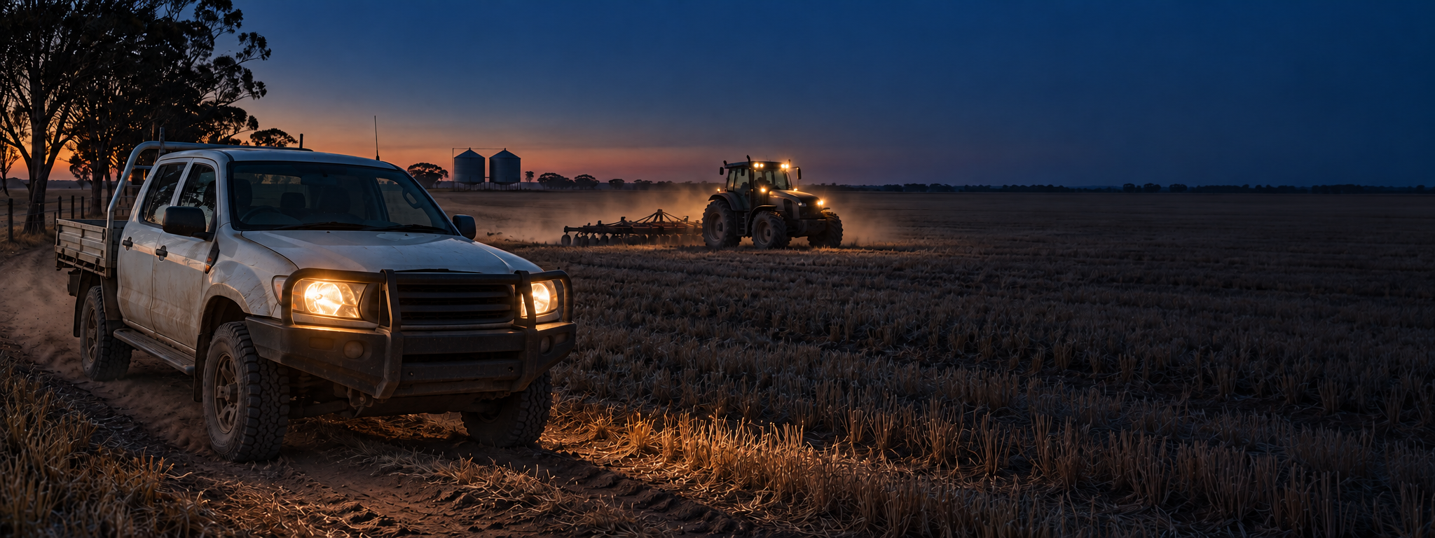 Photograph: an Australian farm at first light, a ute and a tractor in the paddock. Landscape 16:9, warm and wide, no text in the artwork.