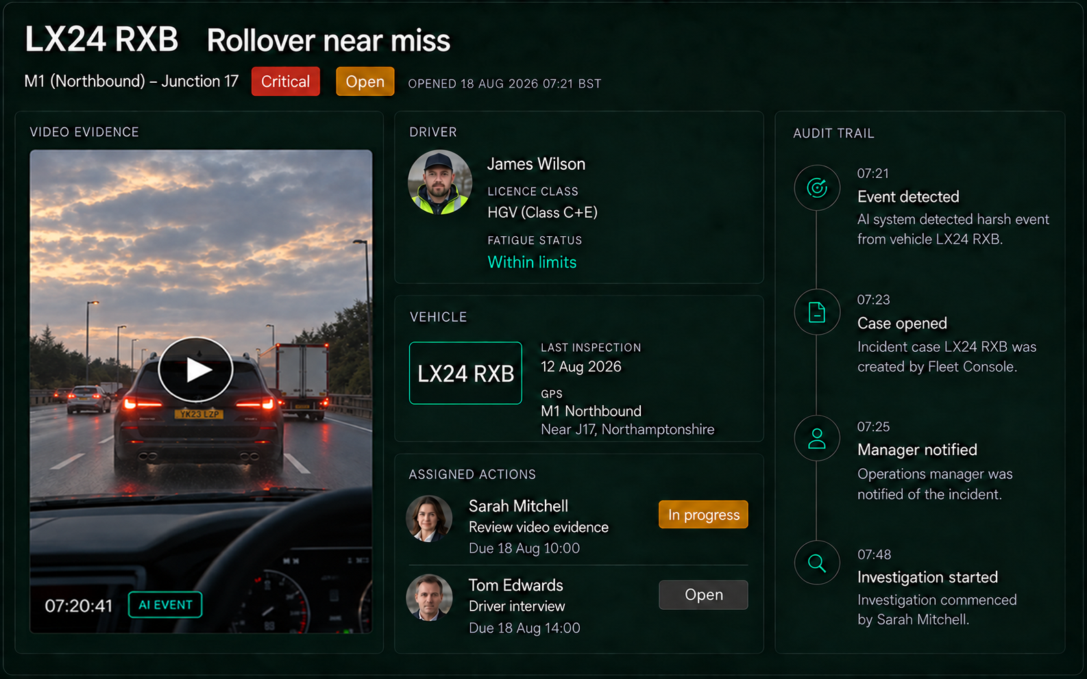 Incident command view: the open case with its severity and status, the linked video evidence, the driver and vehicle record, the assigned actions and the audit trail.