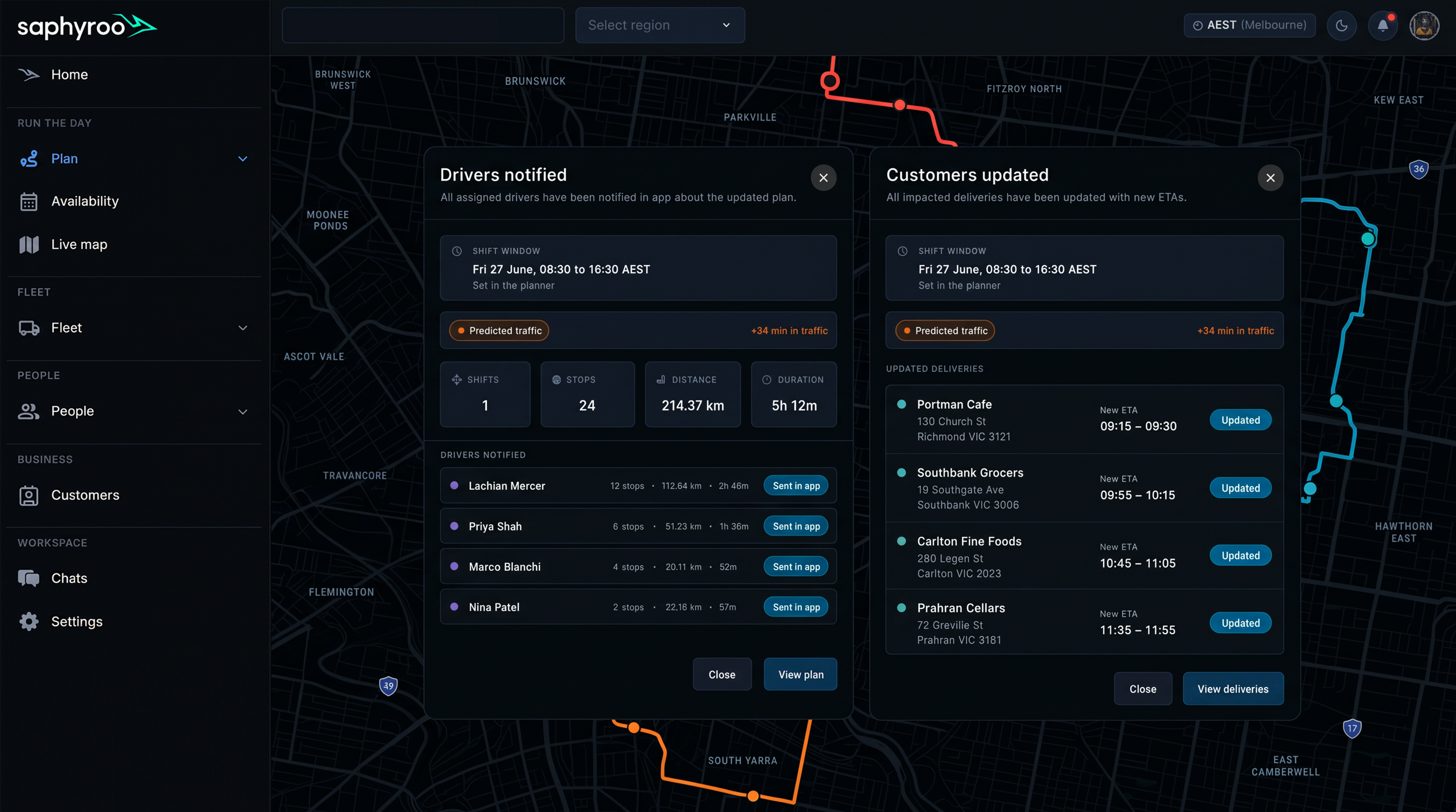 Published state: driver notified in app and customer ETAs updated, side by side. 16:9, dark UI.