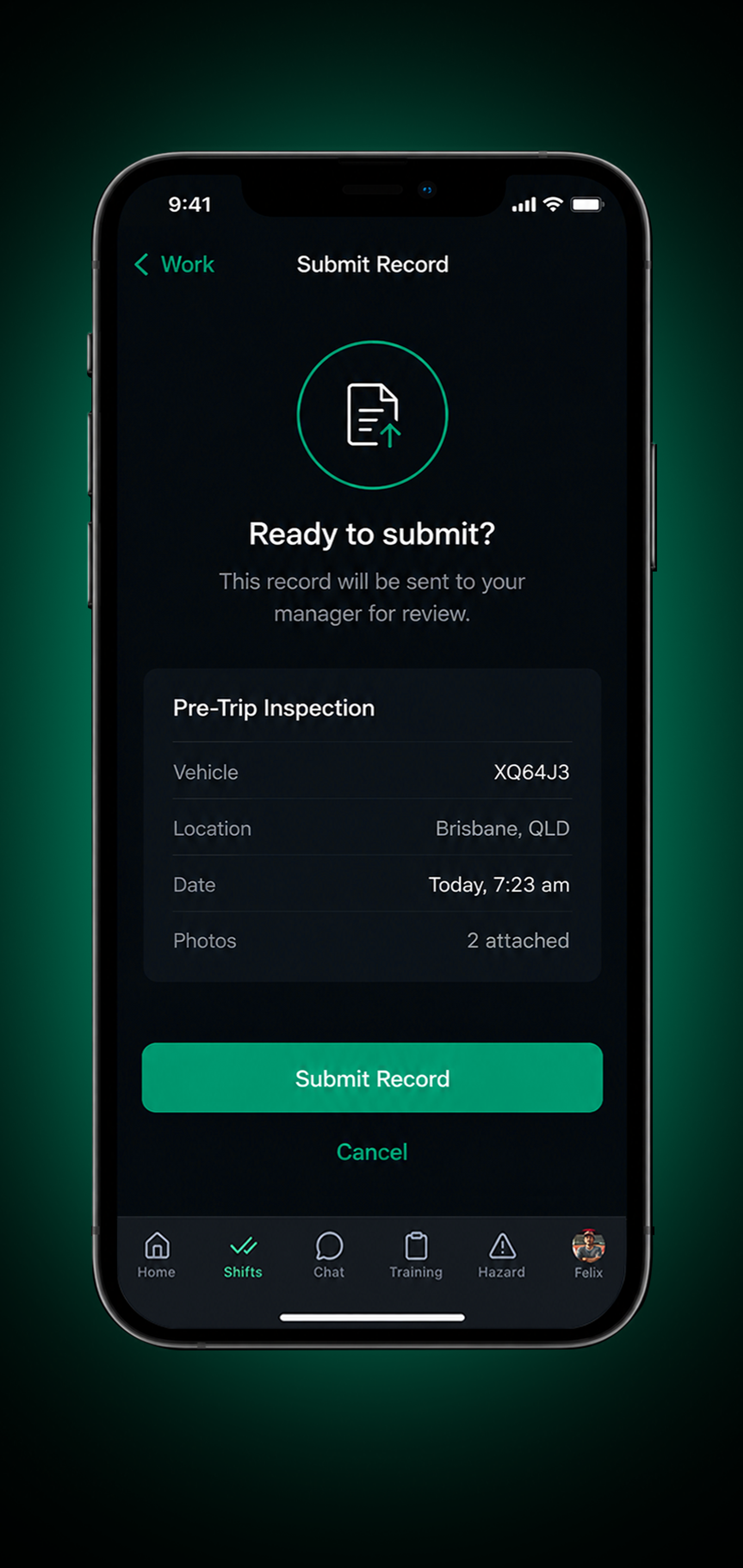 Drive360 EWD app: start rest with the time recorded