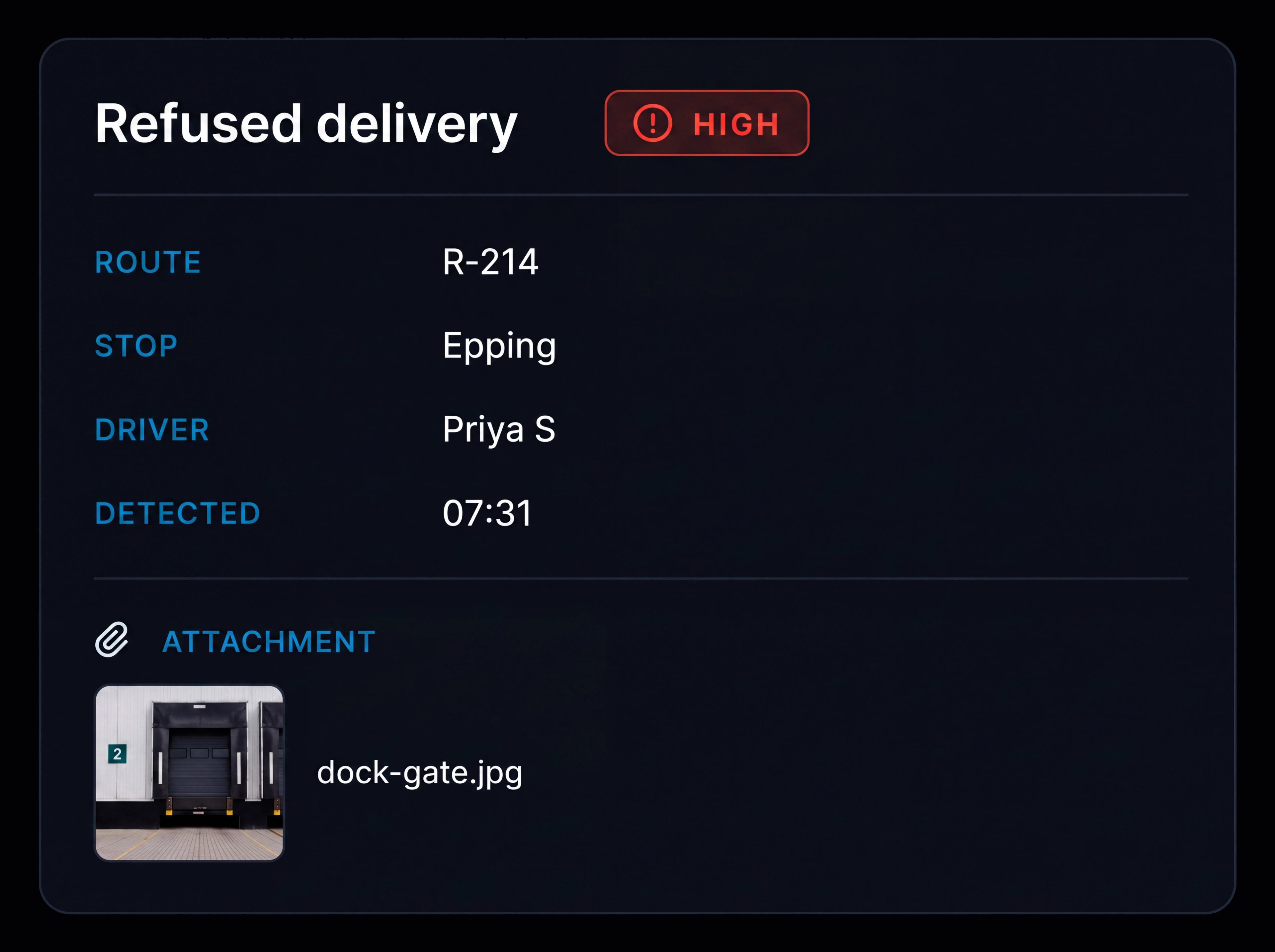 Exception detail panel with its attachment. 4:3, dark UI.