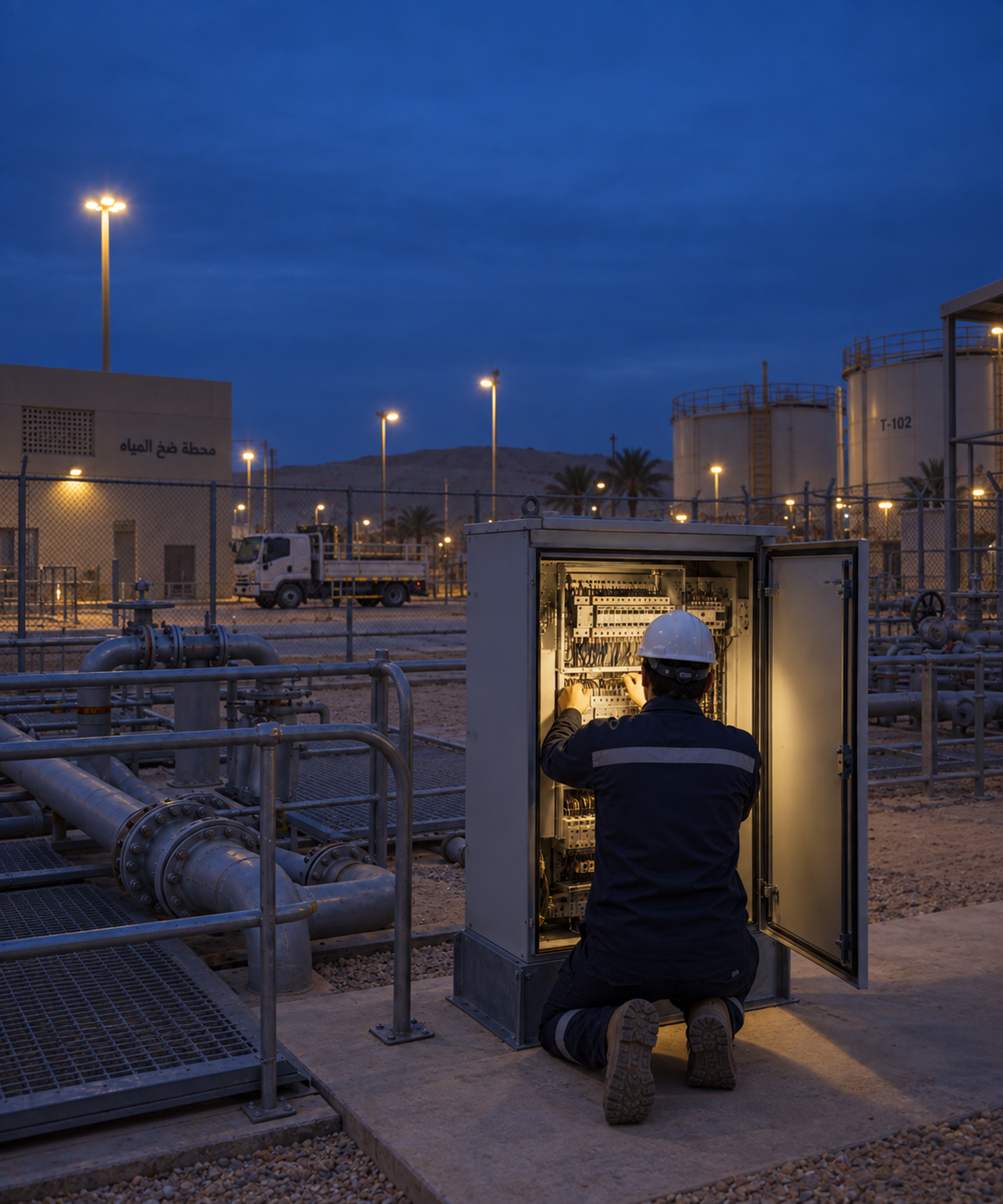 Photograph: a field technician working at a site at dusk. Dark and cool, room at the top, no text in the artwork.