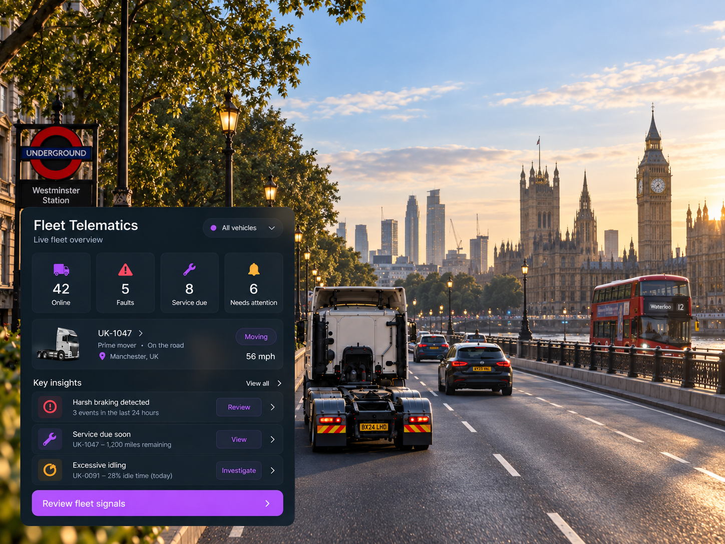 Vision360 fleet telematics console: the counters for vehicles online, active faults, maintenance due, high fuel usage and vehicles needing attention, the live map with vehicle pins, the live vehicles list, and the mobile vehicle card showing health, active alerts, next service and fuel level. 4:3, dark UI, 2000x1500.
