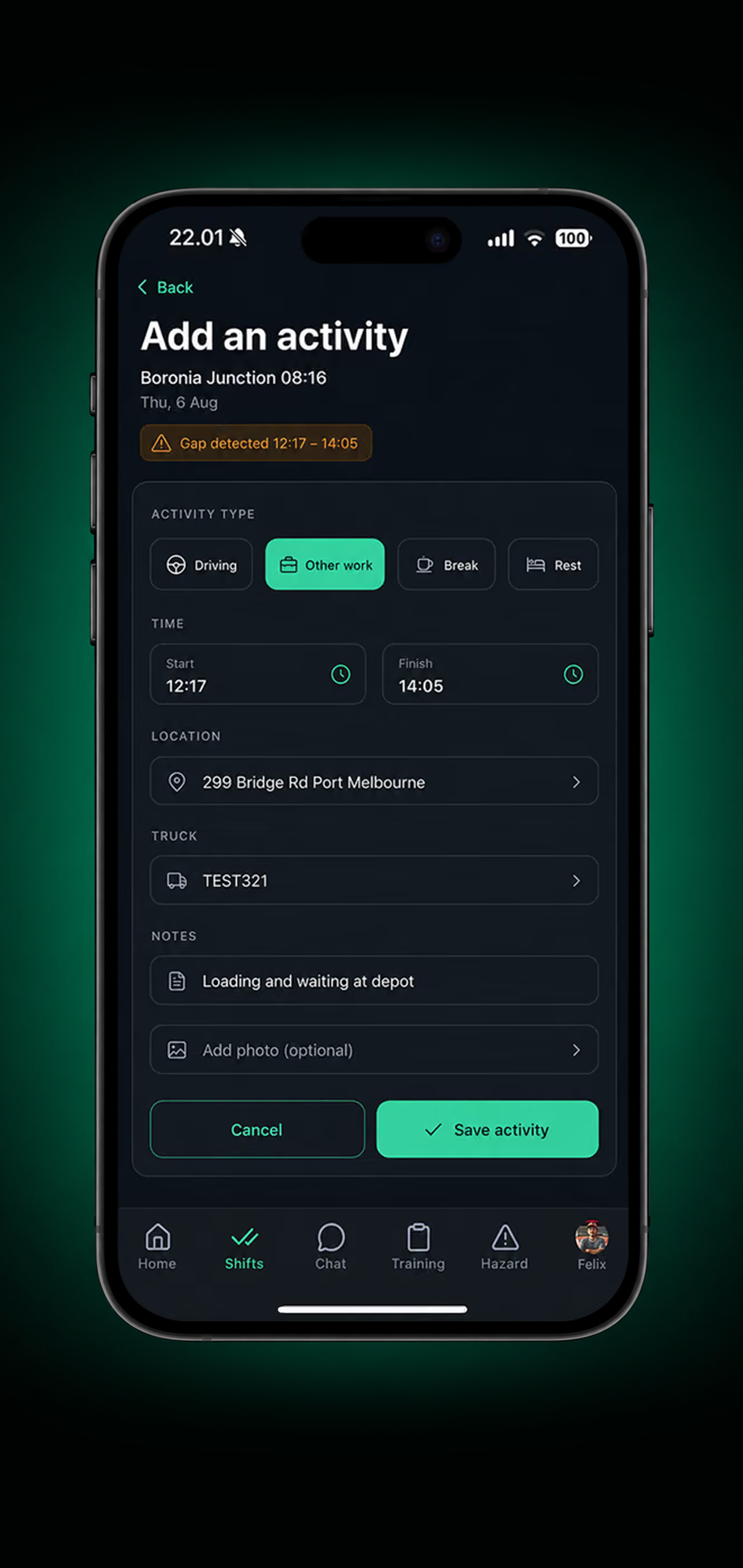 Drive360 app: adding a missing activity to the timesheet