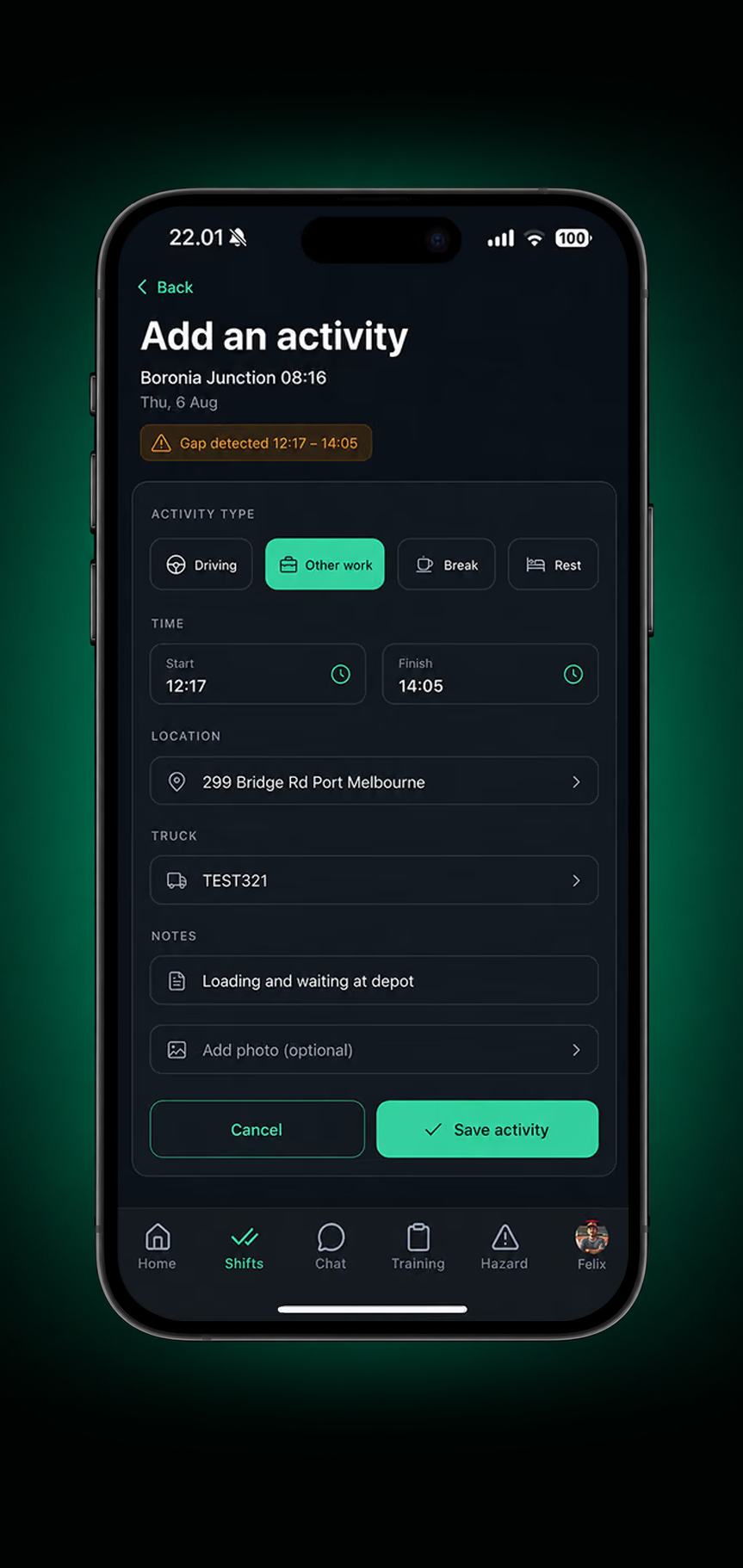 Drive360 app: adding a missing activity to the timesheet