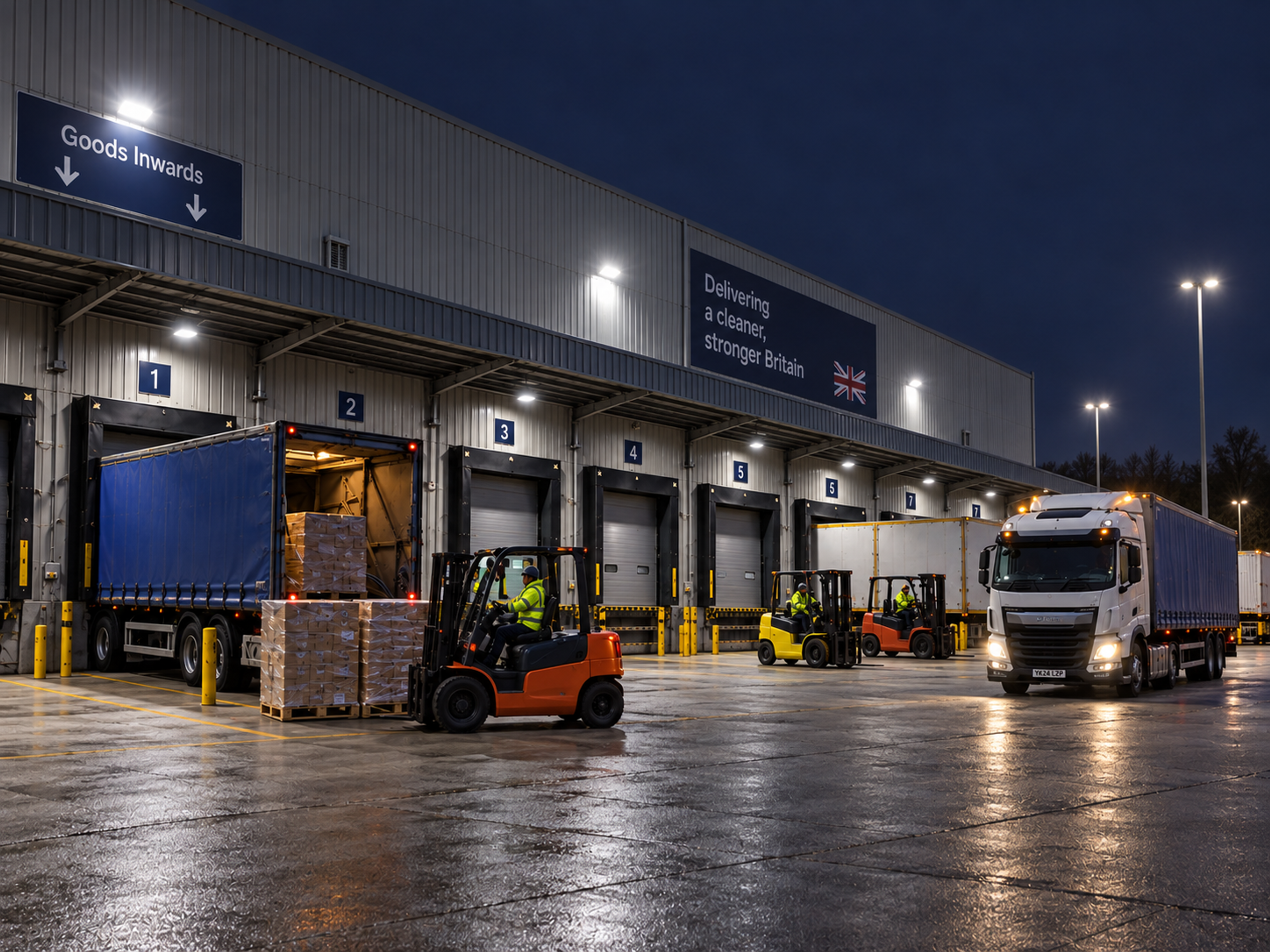 Photograph: a distribution centre dock at night, forklifts working under lights. Dark and cool, no text in the artwork.