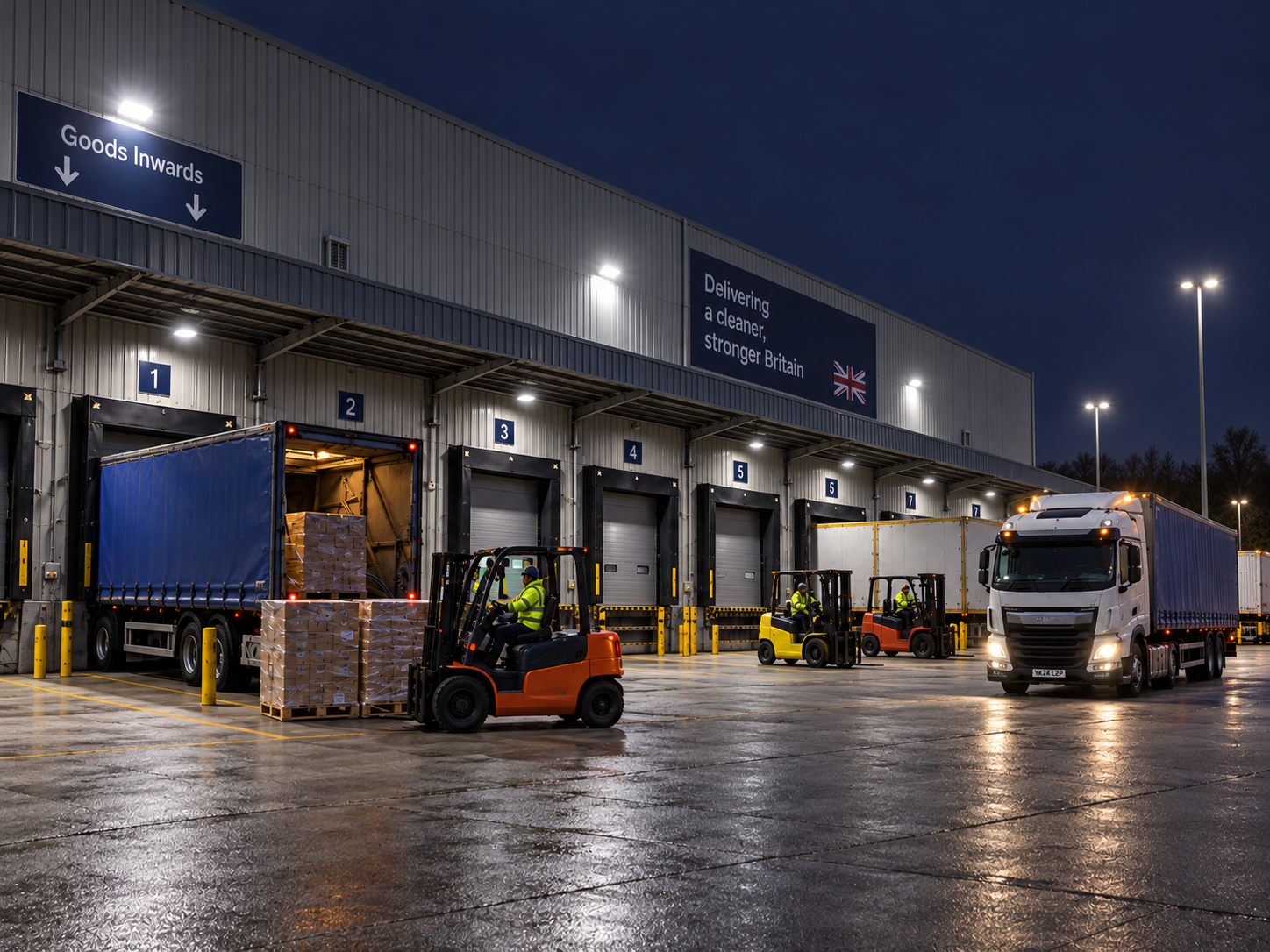 Photograph: a distribution centre dock at night, forklifts working under lights. Dark and cool, no text in the artwork.