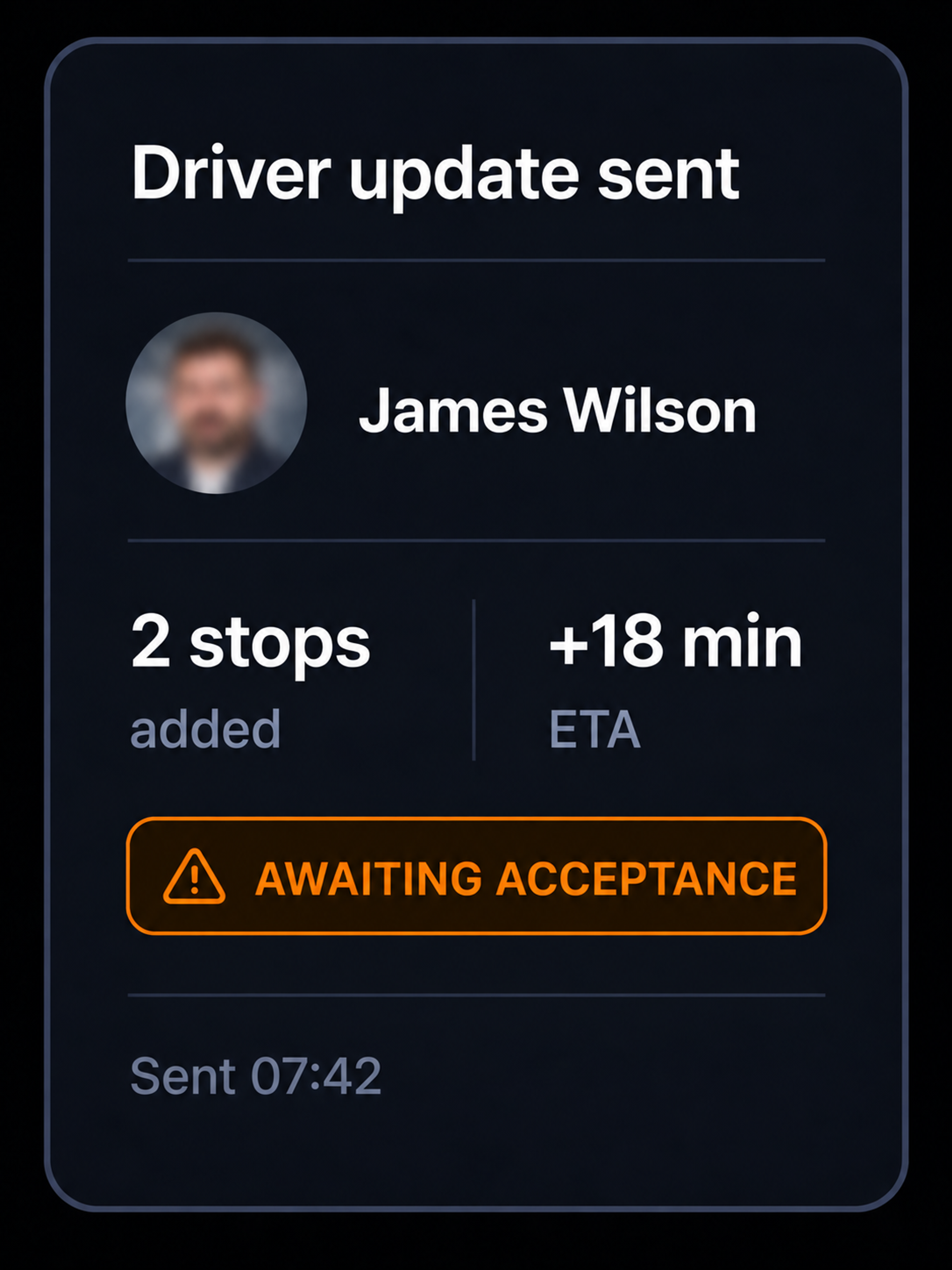 Driver update sent, awaiting acceptance. 4:3, dark UI.