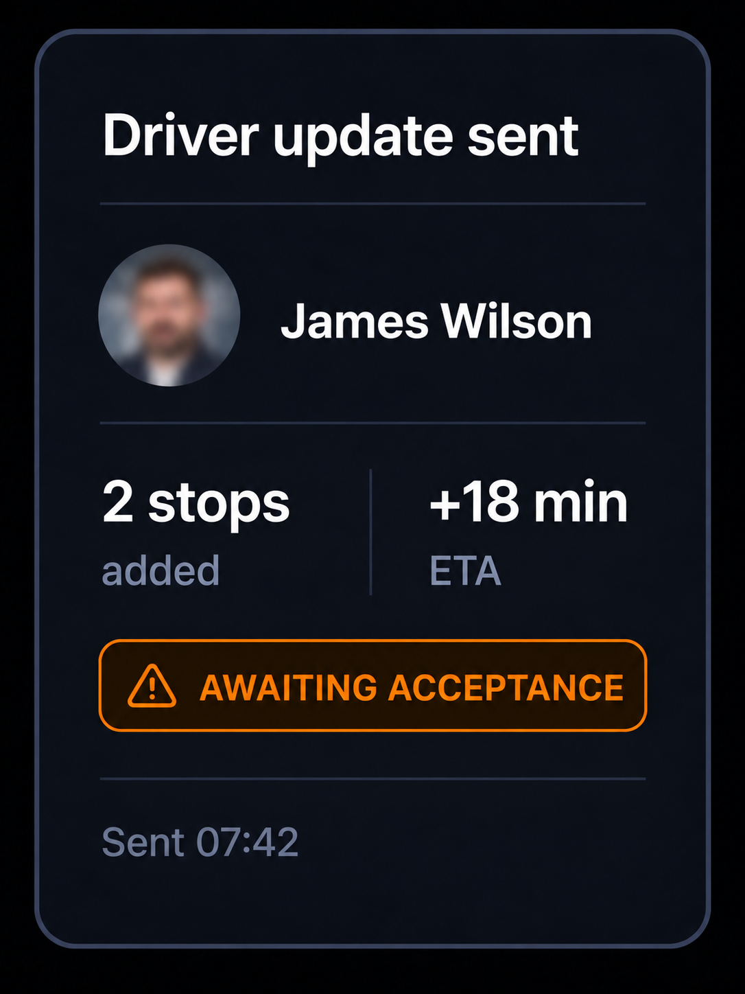 Driver update sent, awaiting acceptance. 4:3, dark UI.