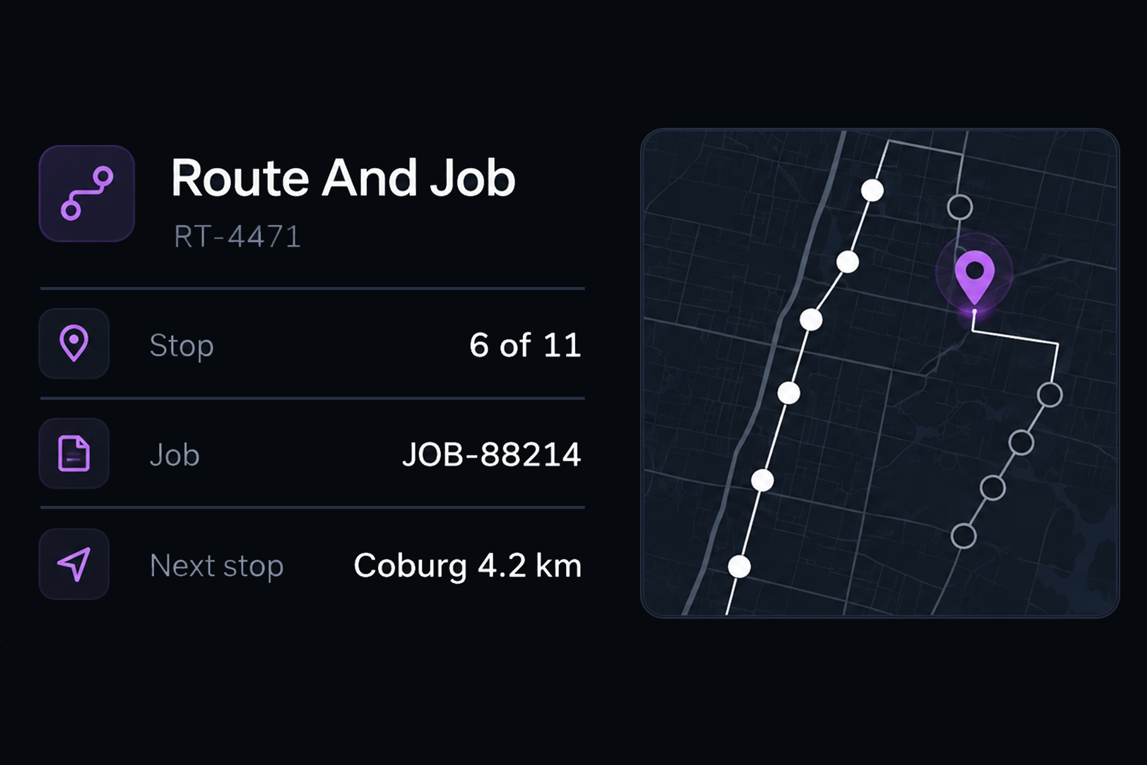 Route and job context panel with the route reference and a map. 4:3, dark UI.
