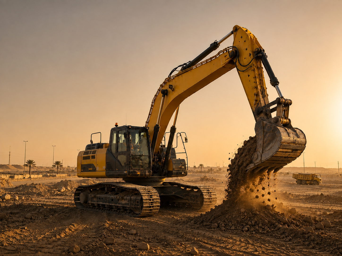 Excavator loading spoil on a Saudi construction site at golden hour