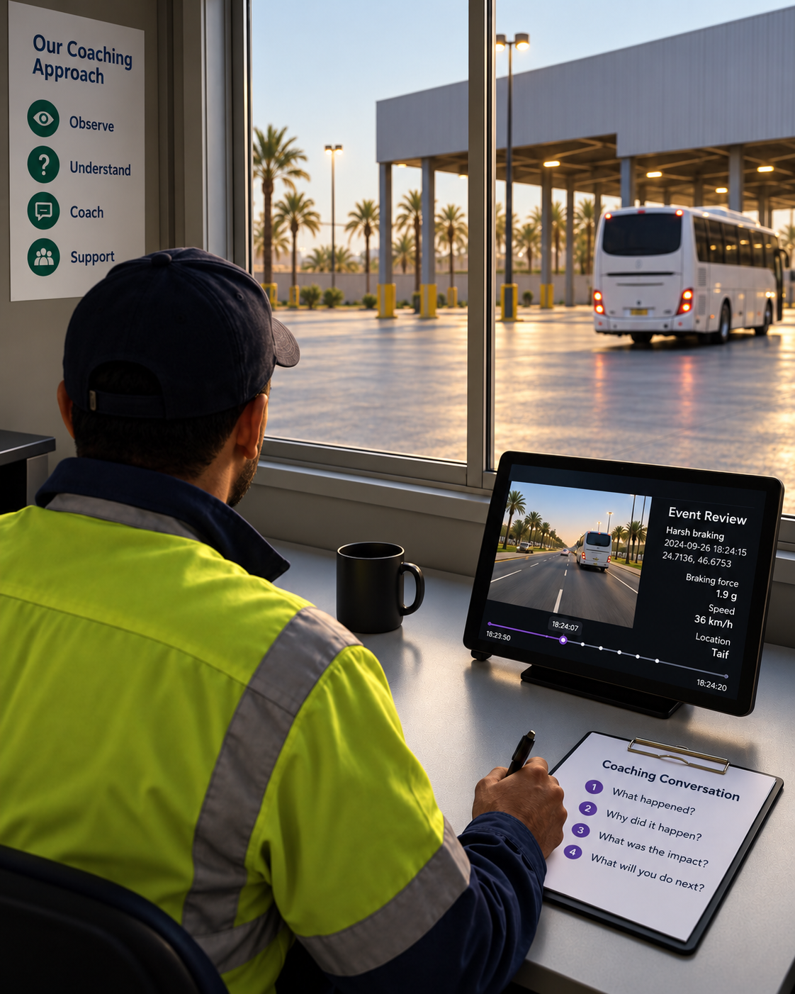 Photograph: a coach and a driver talking across a desk in a depot office. Portrait 3:4, dark and cool, room at the top for a heading, no text in the artwork.