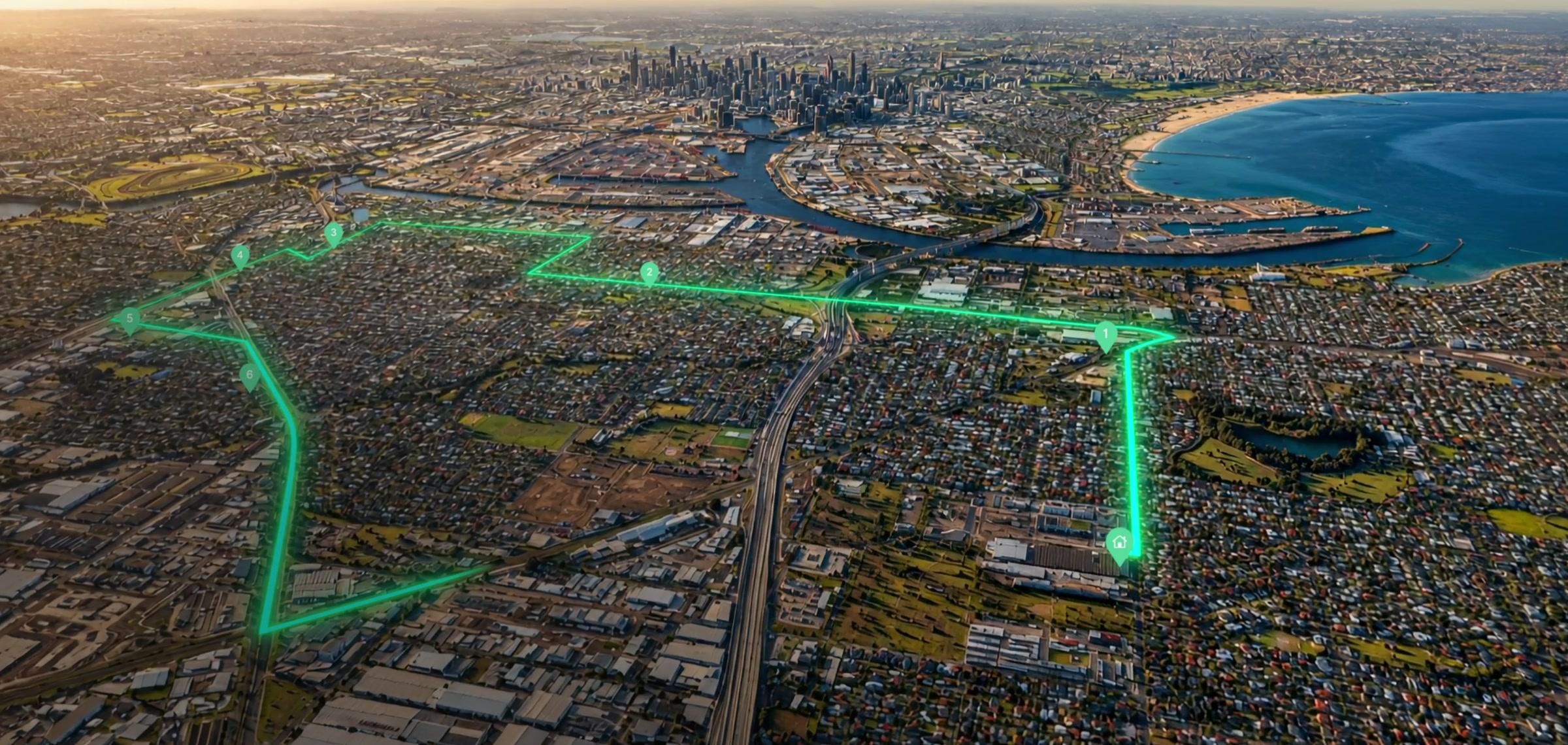 Aerial view of Melbourne with an optimised route traced in green