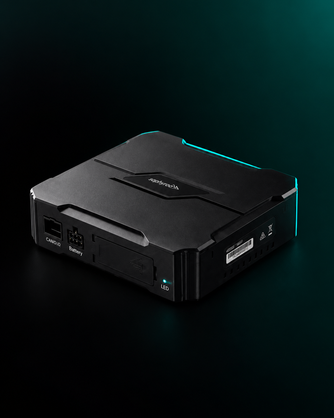 GPS vehicle tracker on a plain light ground, three-quarter view, product centred with air around it.