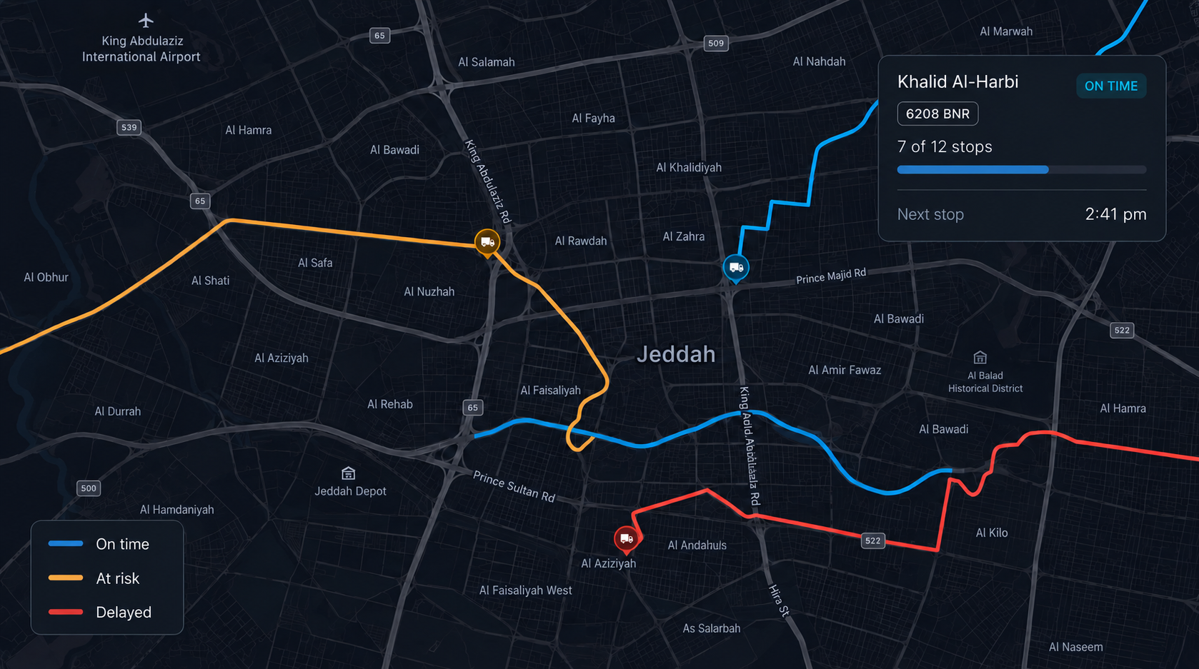 Live map: colour-coded routes with driver pins, a driver card open showing progress and next stop, and the status legend. 16:9, dark UI.