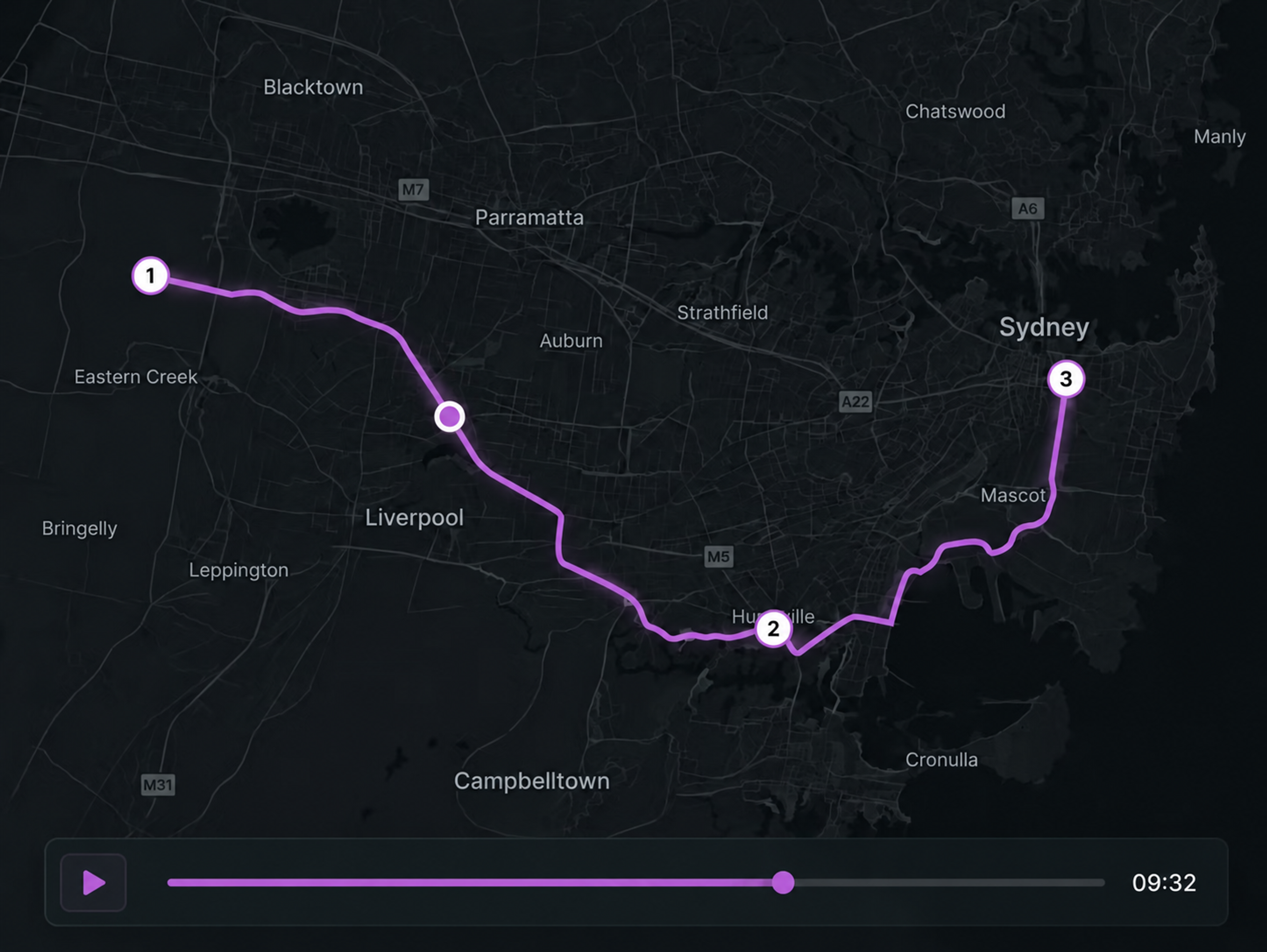 Trip playback view: the day's route traced on a map with numbered stop markers and a play control. 4:3, dark UI.