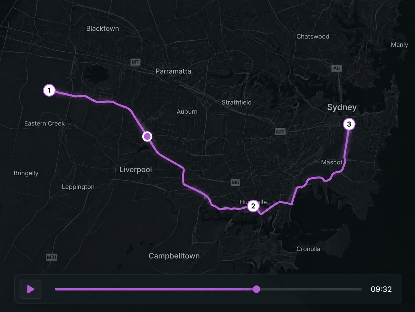 Trip playback view: the day's route traced on a map with numbered stop markers and a play control. 4:3, dark UI.