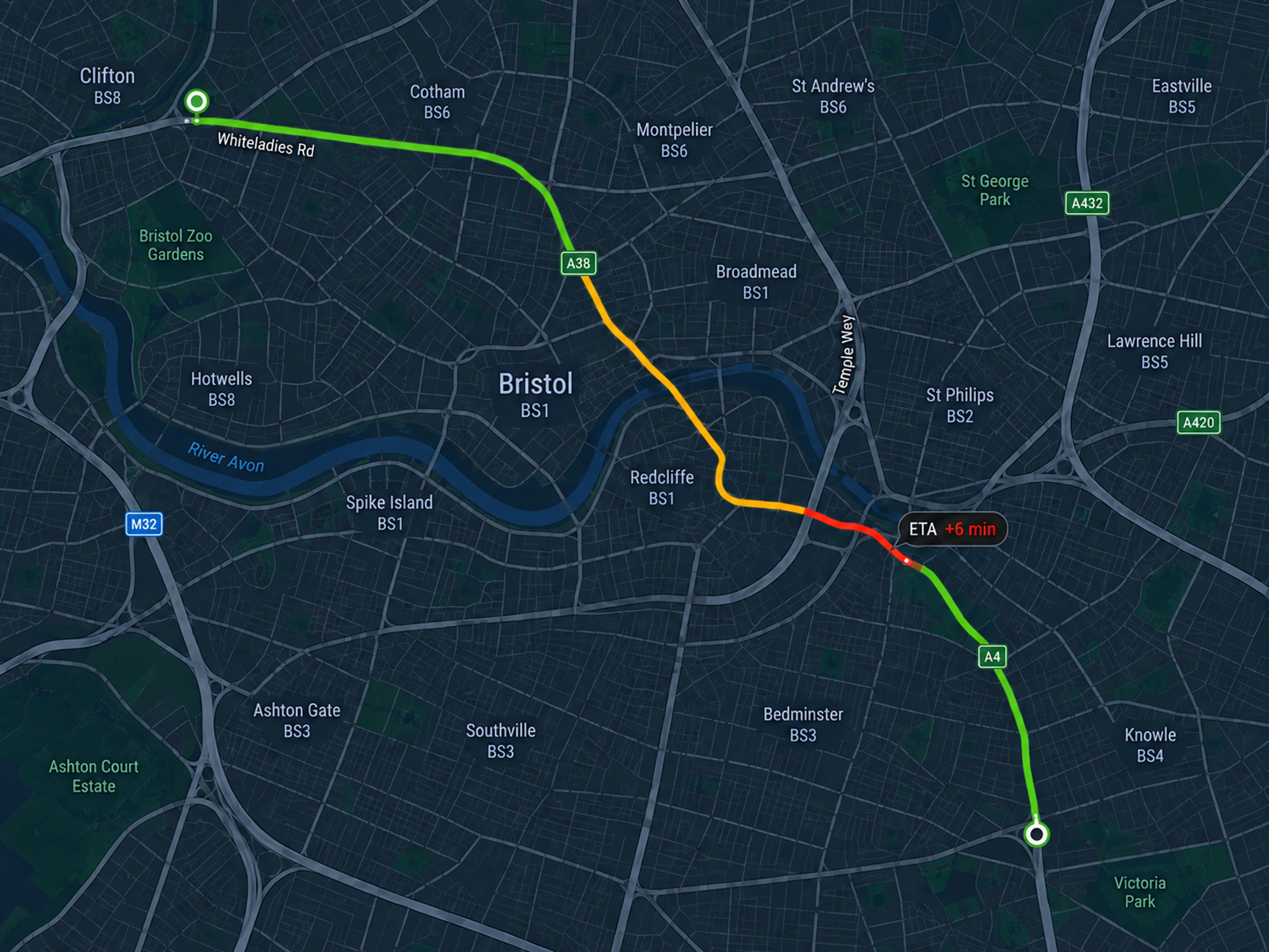 Traffic conditions overlaid on the driver's route. 4:3.