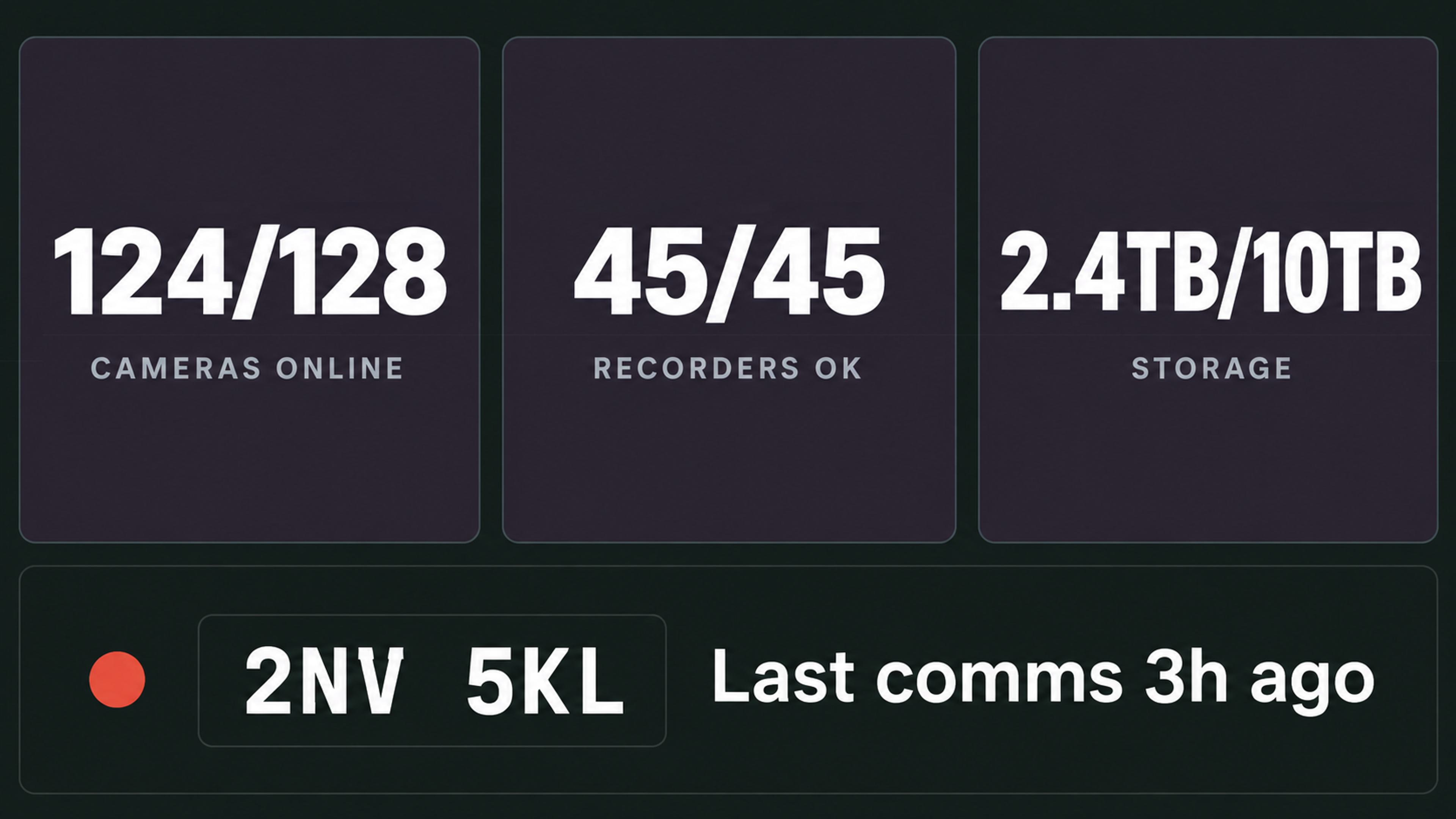 Device health dashboard: cameras online, recorder status and last communication.