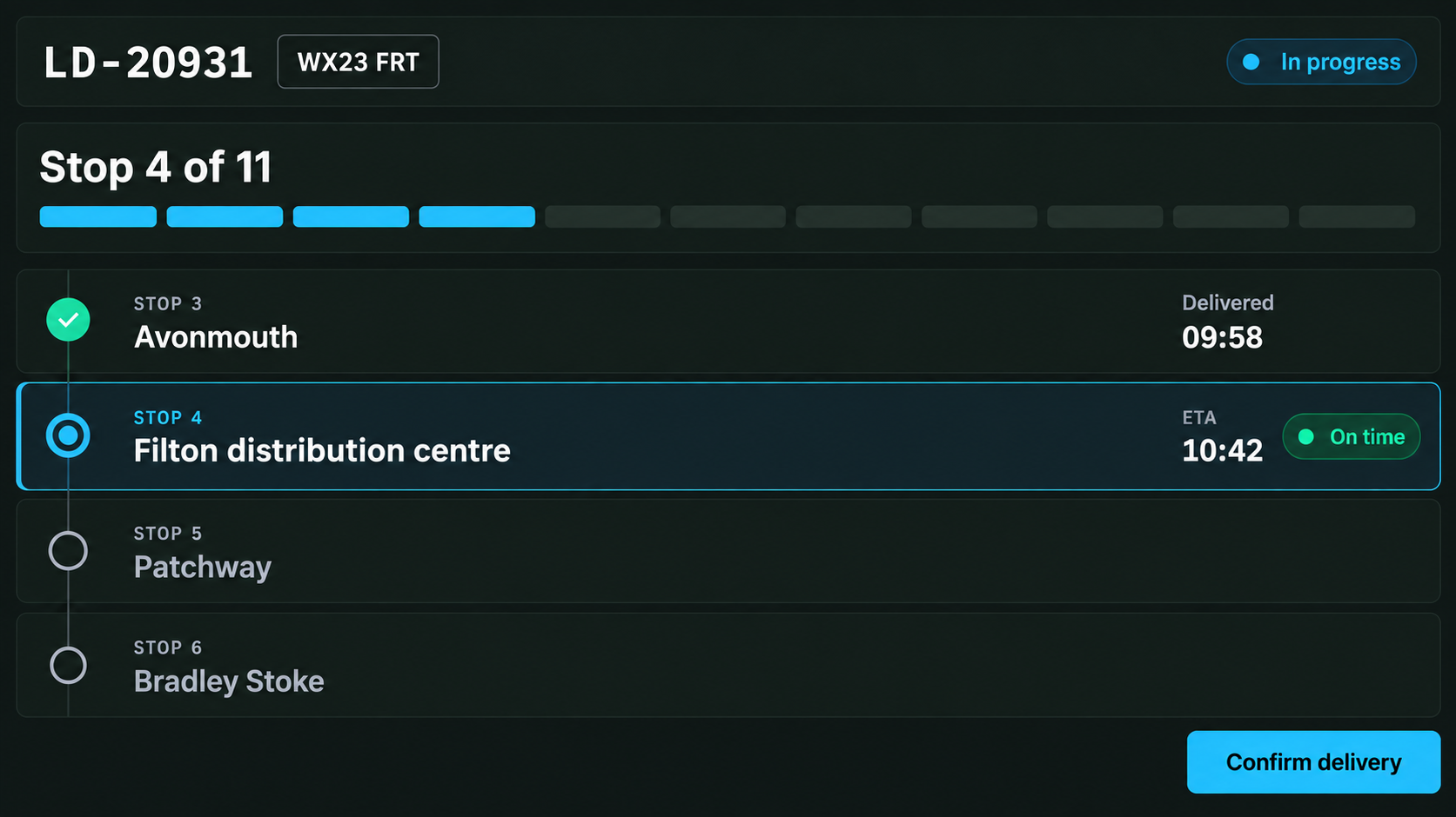 Execution view: a load in progress with stop 4 of 11, the ETA and the confirm-delivery action.