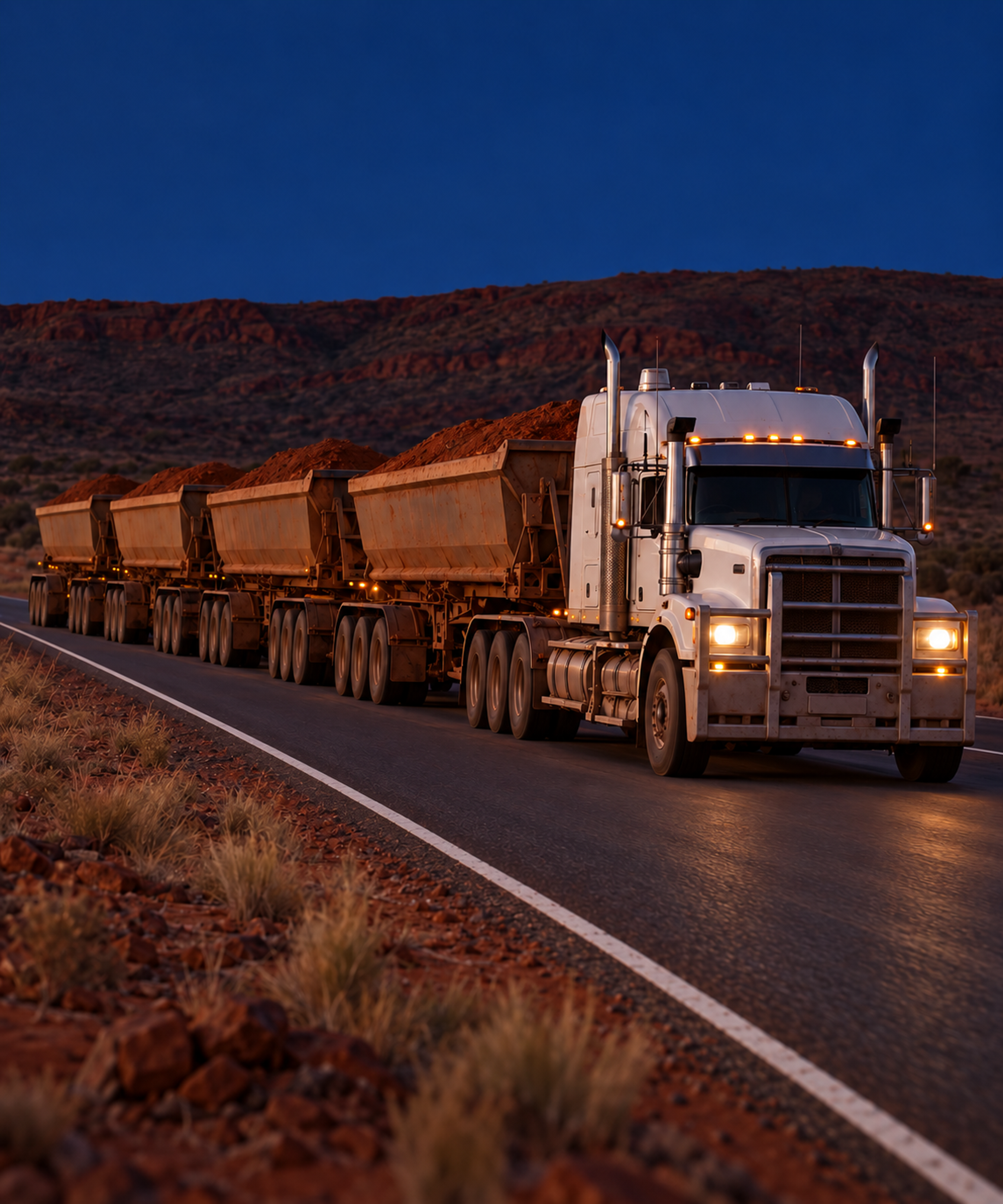Photograph: a road train on a remote highway at dusk. Dark and cool, room at the top, no text in the artwork.
