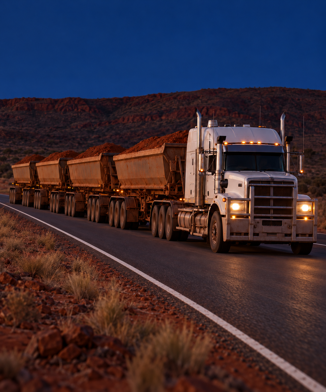 Photograph: a road train on a remote highway at dusk. Dark and cool, room at the top, no text in the artwork.